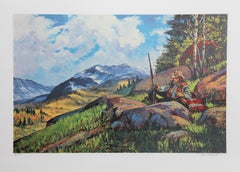 Un rifle largo espera, litografía de arte del Oeste americano de Noel Daggett