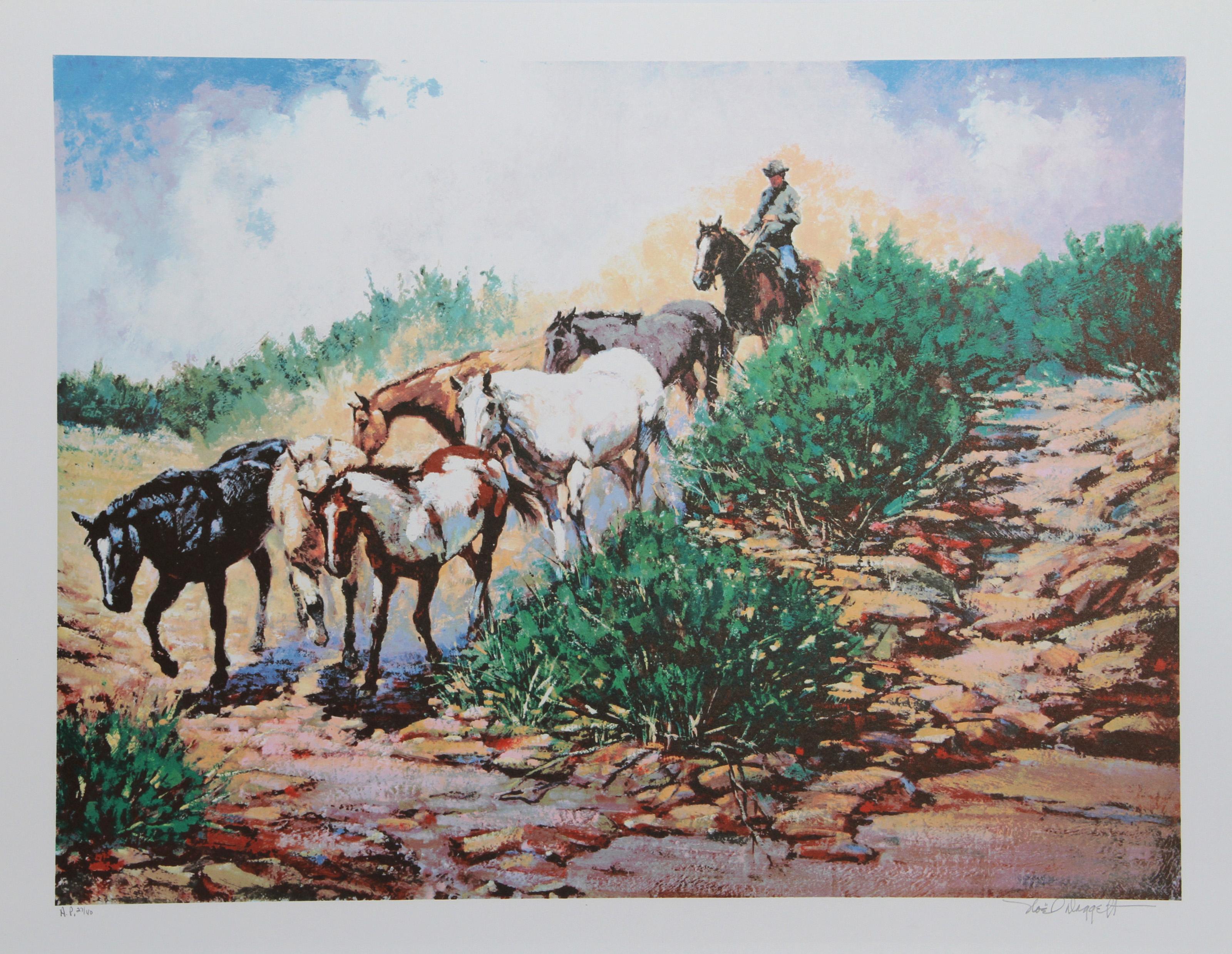 Noel Daggett, estadounidense (1925 - 2005) - El último de los callejeros, Año:  1980, Medio:  Litografía, firmada y numerada a lápiz, Edición:  AP 40, Tamaño de la imagen:  20 x 26 pulgadas, Tamaño:  57,15 cm x 76,2 cm, Descripción:  Bajando por un