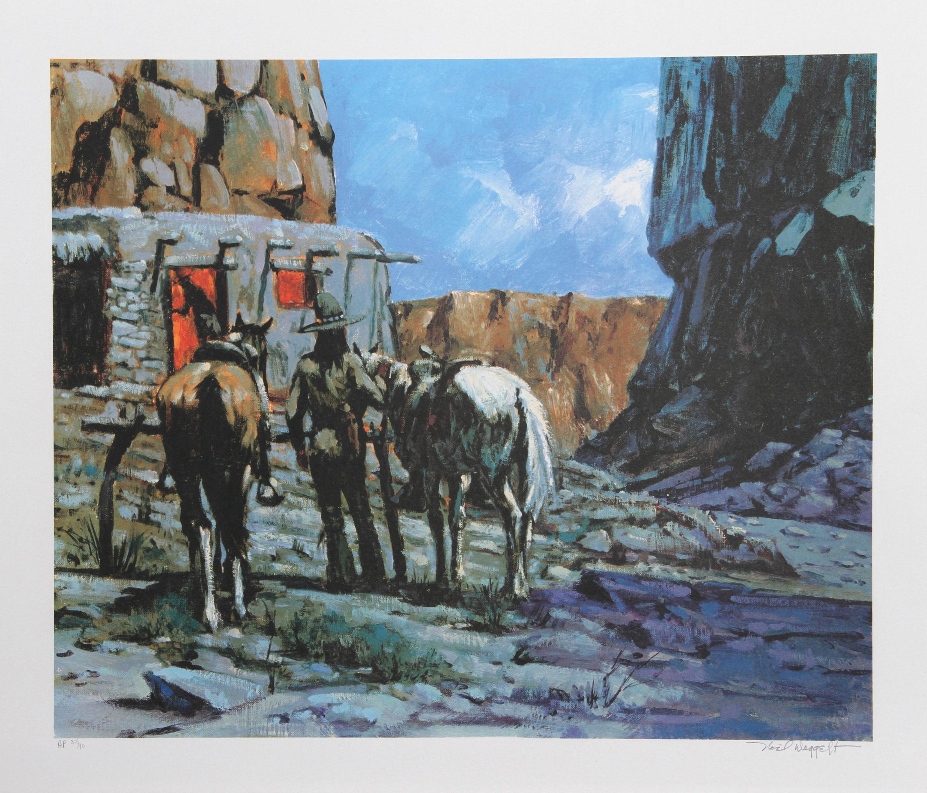 Noel Daggett, estadounidense (1925 - 2005) - Último en llegar, año:  circa 1979, Medio:  Litografía, firmada y numerada a lápiz, Edición:  300, AP 40, Tamaño de la imagen:  19 x 23 pulgadas, Tamaño:  57,15 cm x 67,31 cm, Descripción:  La