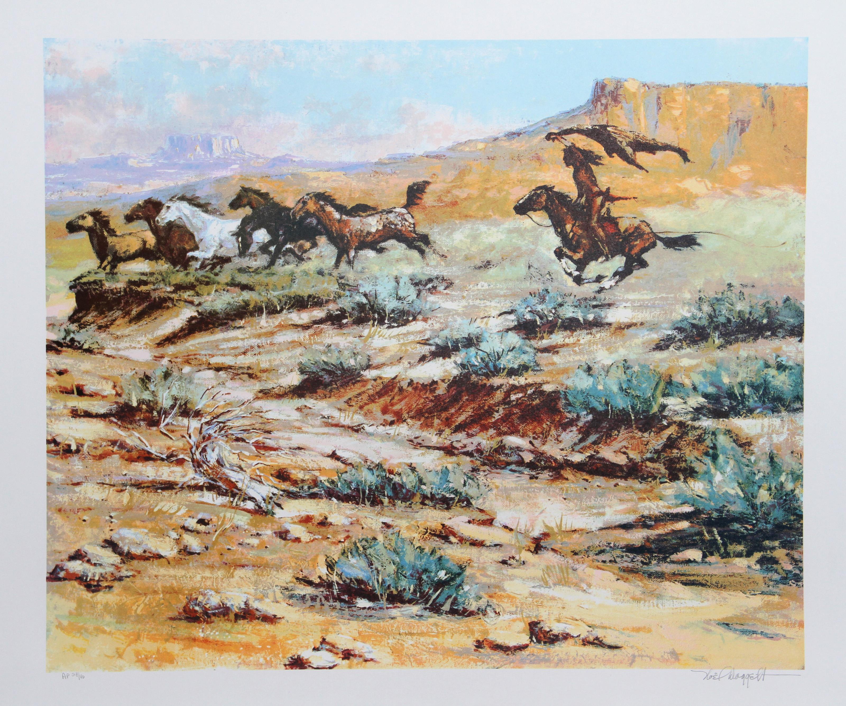 Noel Daggett, americano (1925 - 2005) - Mustangs on the Run, Anno:  circa 1979, Medio:  Litografia, firmata e numerata a matita, Edizione:  300, AP 40, Dimensioni immagine:  19 x 23,5 pollici, Dimensioni:  22 in. x 29.5 in. (55.88 cm x 74.93 cm),