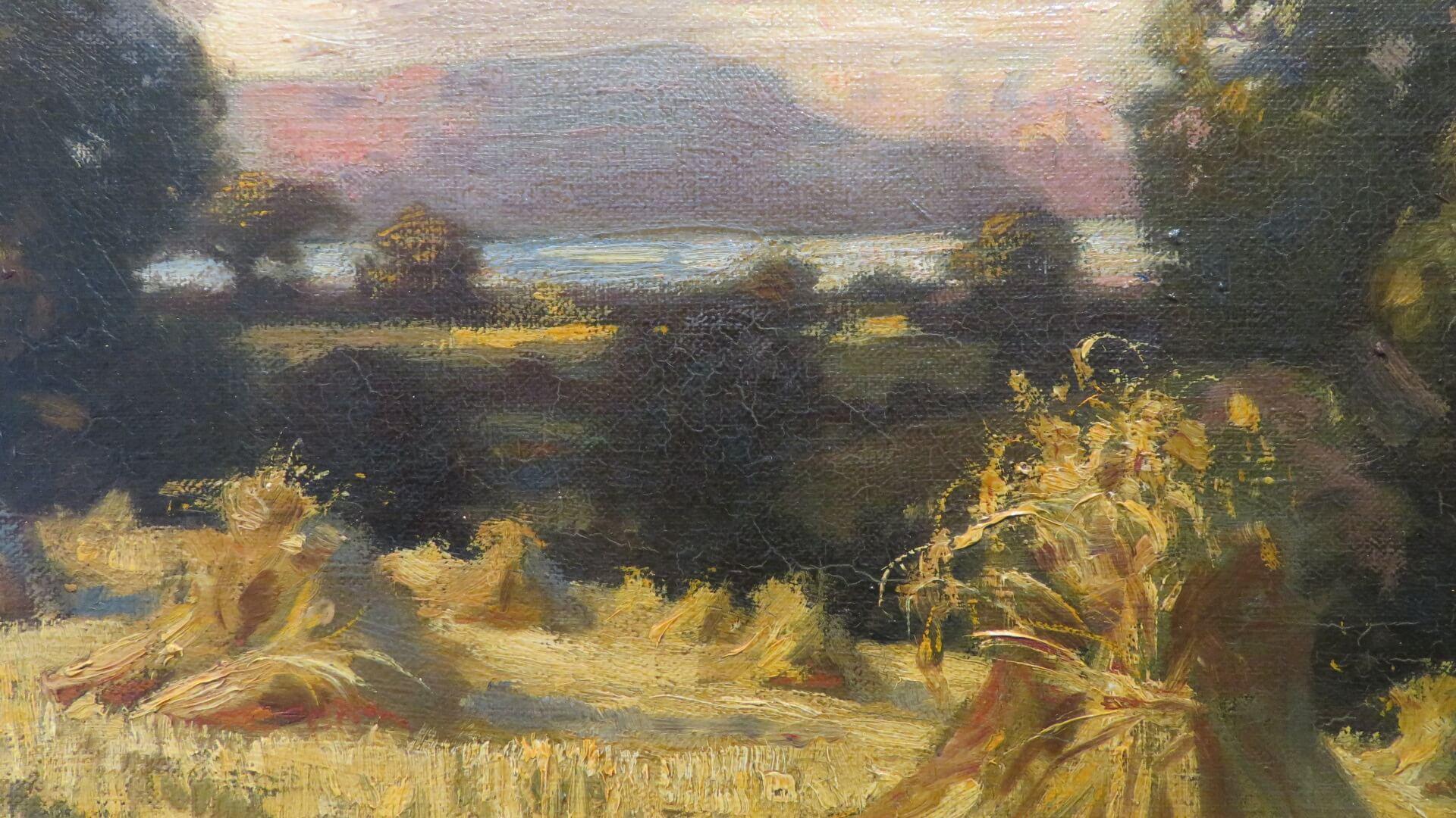 ARTIST: Noel Denholm Davis (1876-1950) British

TITLE: “Harvest Time”

SIGNED: lower left and further inscribed verso

MEDIUM: Oil on board

SIZE:  42cm x 32cm inc frame

CONDITION: very good

DETAIL: Primarily a portrait painter, Davis was born in