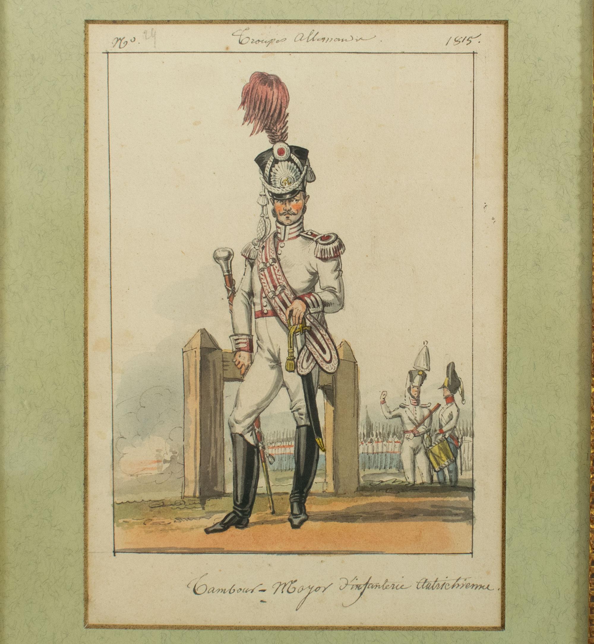 Noel Dieudonne Finart (1797-1852)
An important collection of eight framed and mounted original watercolours, seven showing officers, other ranks and musicians of the Prussian Regiments occupying Paris after the Battle of Waterloo. The other displays