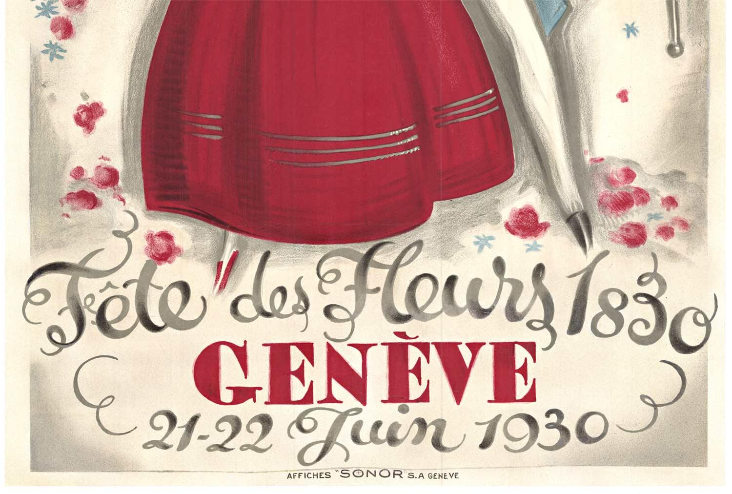 Affiche vintage originale de Geneva, Festival of Flowers, Genève, Fete des Fleurs - Art déco Print par Noel Fontanet