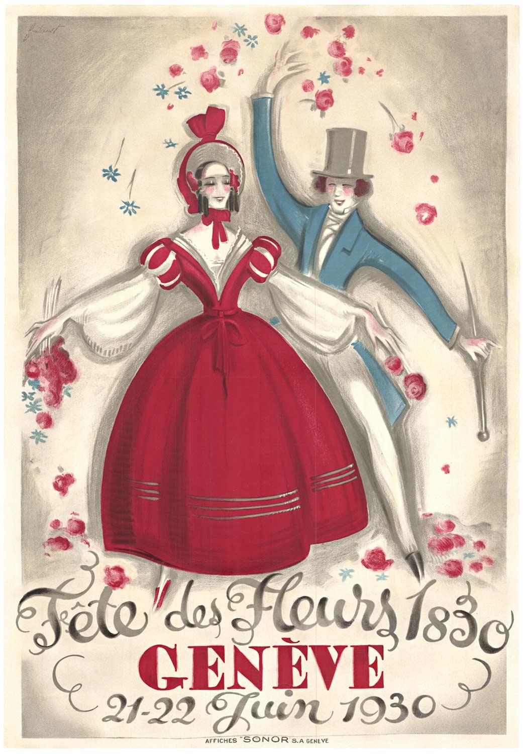 Affiche vintage originale de Geneva, Festival of Flowers, Genève, Fete des Fleurs
