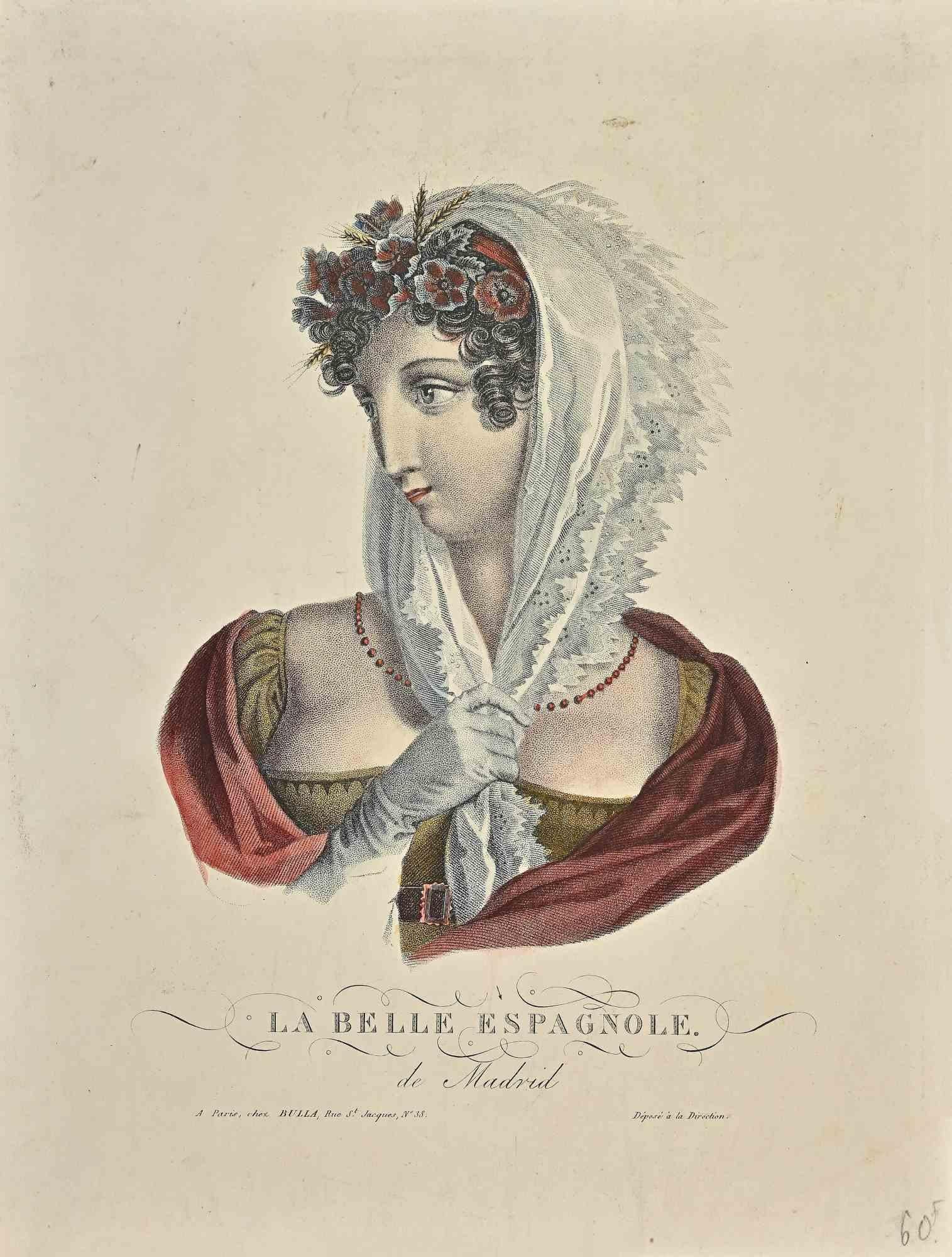 Noel François Bertrand Portrait Print - The Spanish Beauty - Etching by N.F. Bertrand - 19th Century