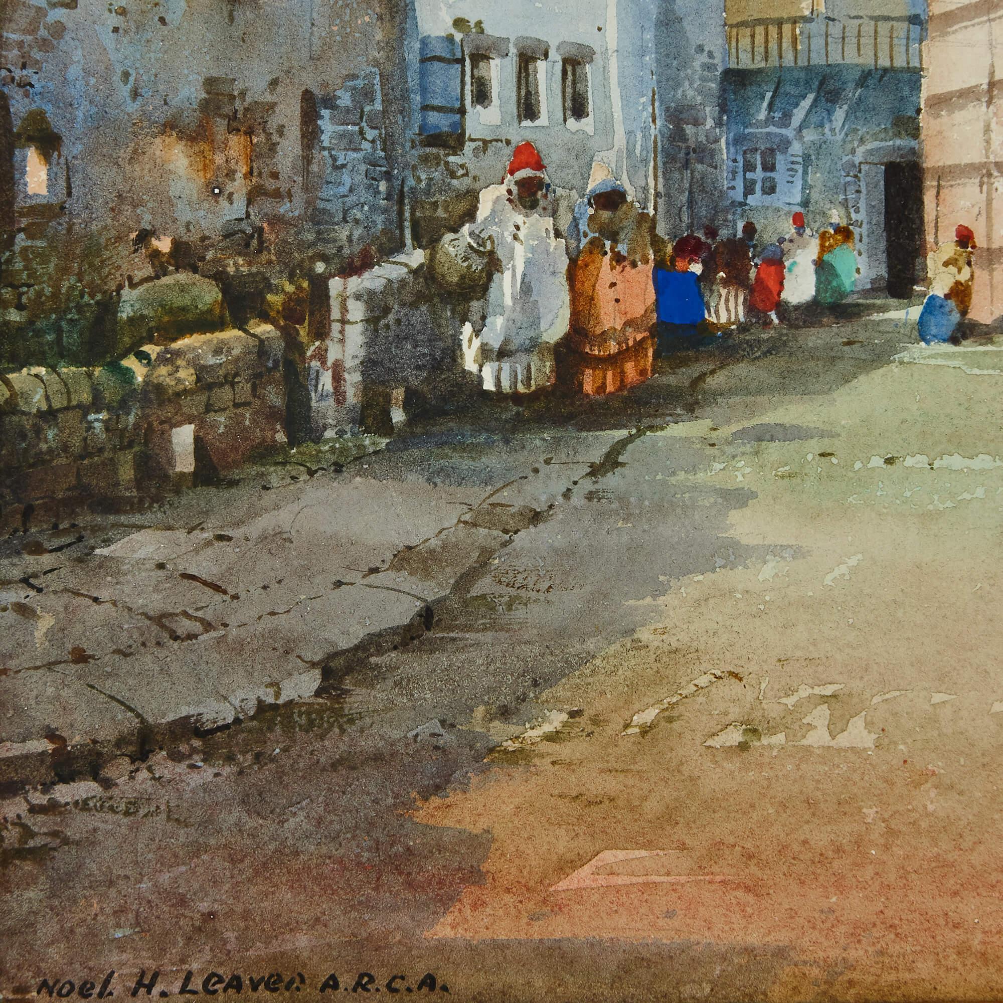 Pair of Orientalist watercolours of North African street scenes by Leaver - Brown Landscape Painting by Noel Harry Leaver