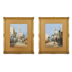 Antique Pair of Orientalist watercolours of North African street scenes by Leaver