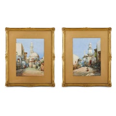 Pair of Orientalist watercolours of North African street scenes by Leaver