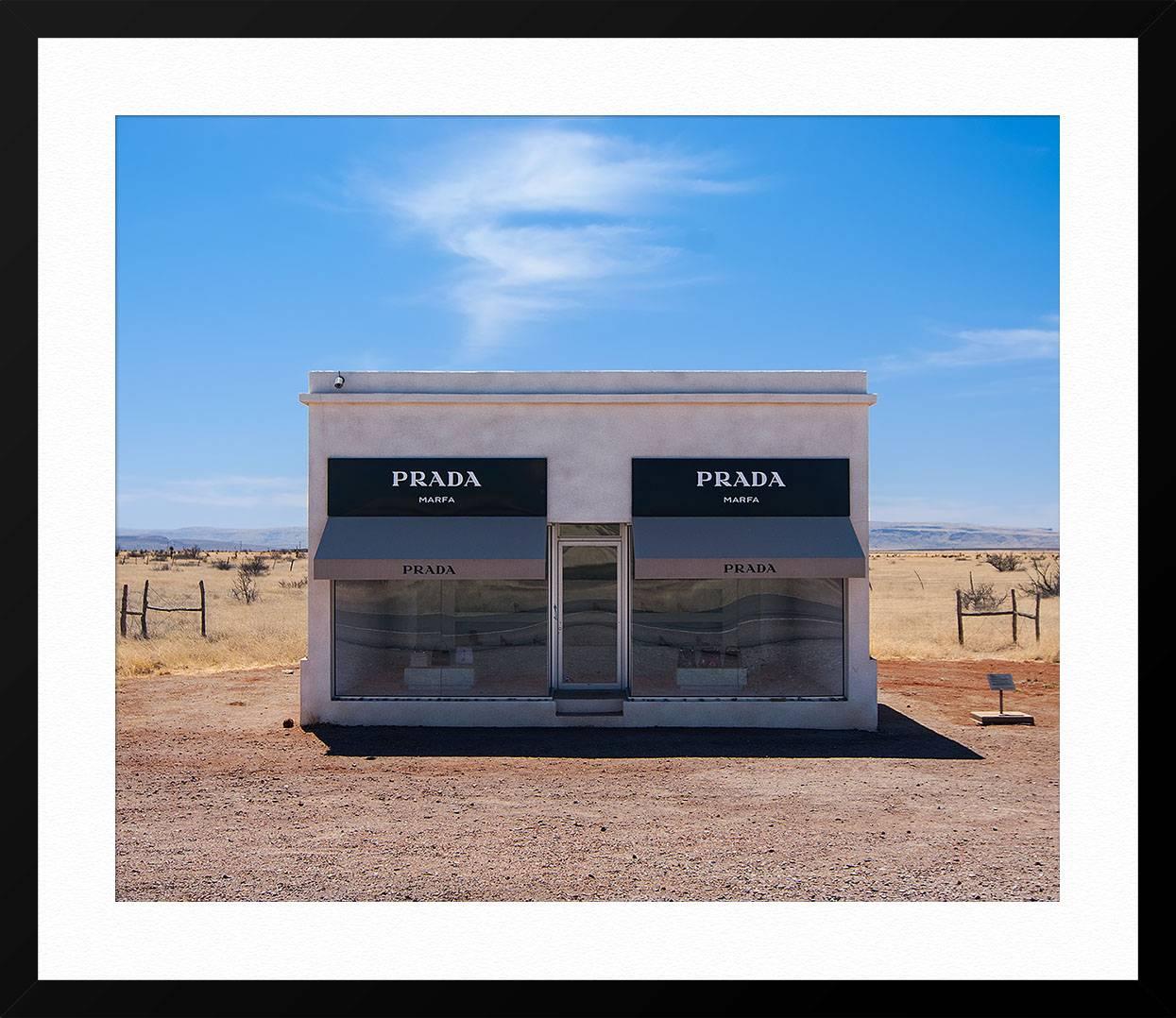 ABOUT THIS PIECE: Artists Elmgreen and Dragset created a faux Prada store on the highway outside of Marfa Texas .The sculpture was financed by the Art Production Fund and Ballroom Marfa, a center of contemporary art and culture. Miuccia Prada