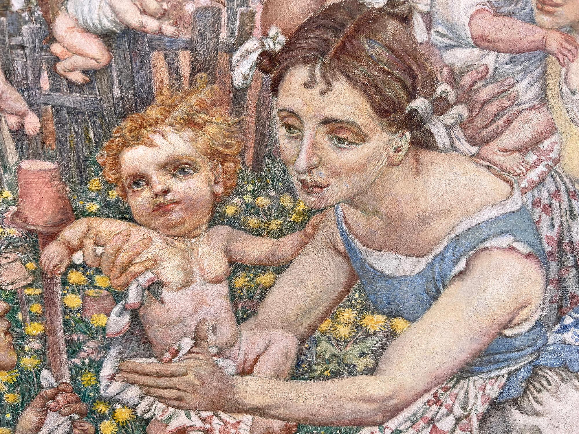  Präraffaelitisches Gemälde von Müttern und Babys im Stil des Zweiten Weltkriegs – Painting von Noel Laura Nisbet
