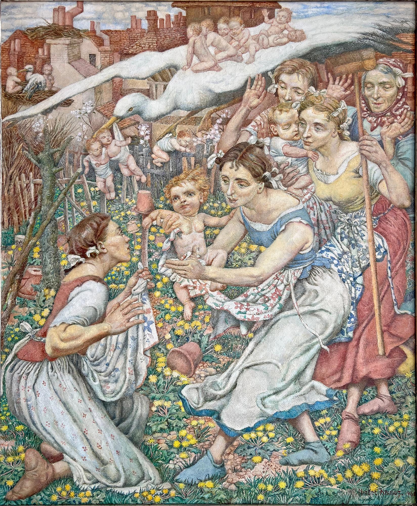  Präraffaelitisches Gemälde von Müttern und Babys im Stil des Zweiten Weltkriegs