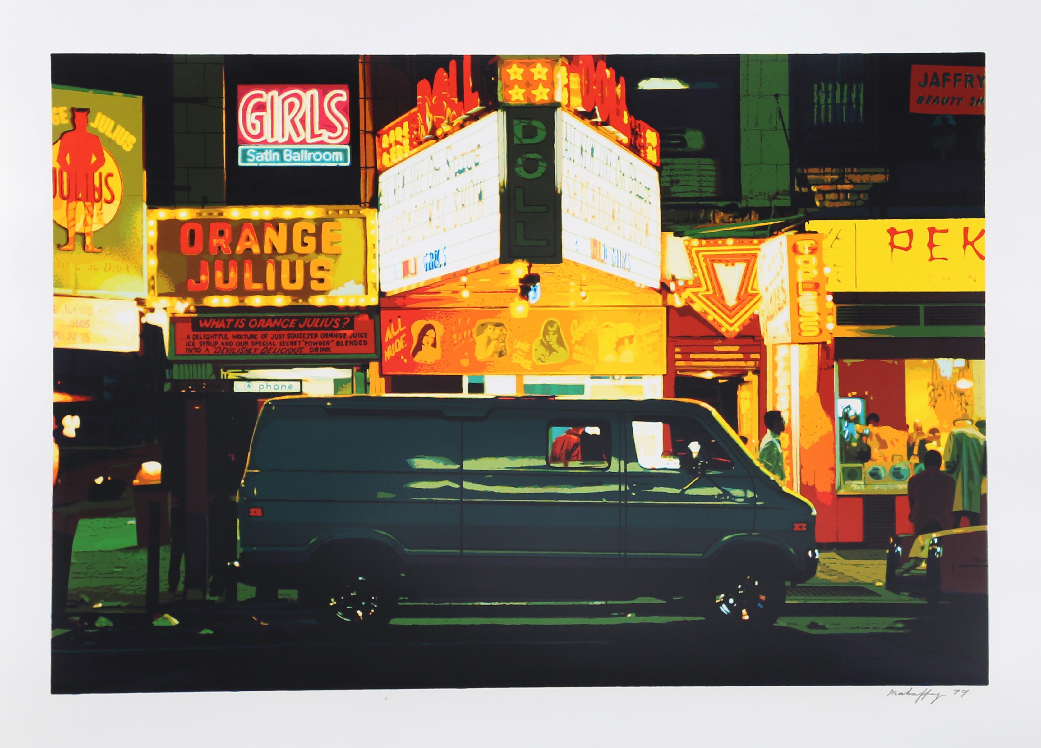 Nacht, Times Square aus dem Portfolio Stadtansichten
Noel Mahaffey, Amerikaner (1944)
Datum: 1981
Siebdruck auf Somerset, signiert und nummeriert mit Bleistift
Auflage 250 Stück, 30 AP
Größe: 22 Zoll x 30 Zoll (55,88 cm x 76,2 cm)