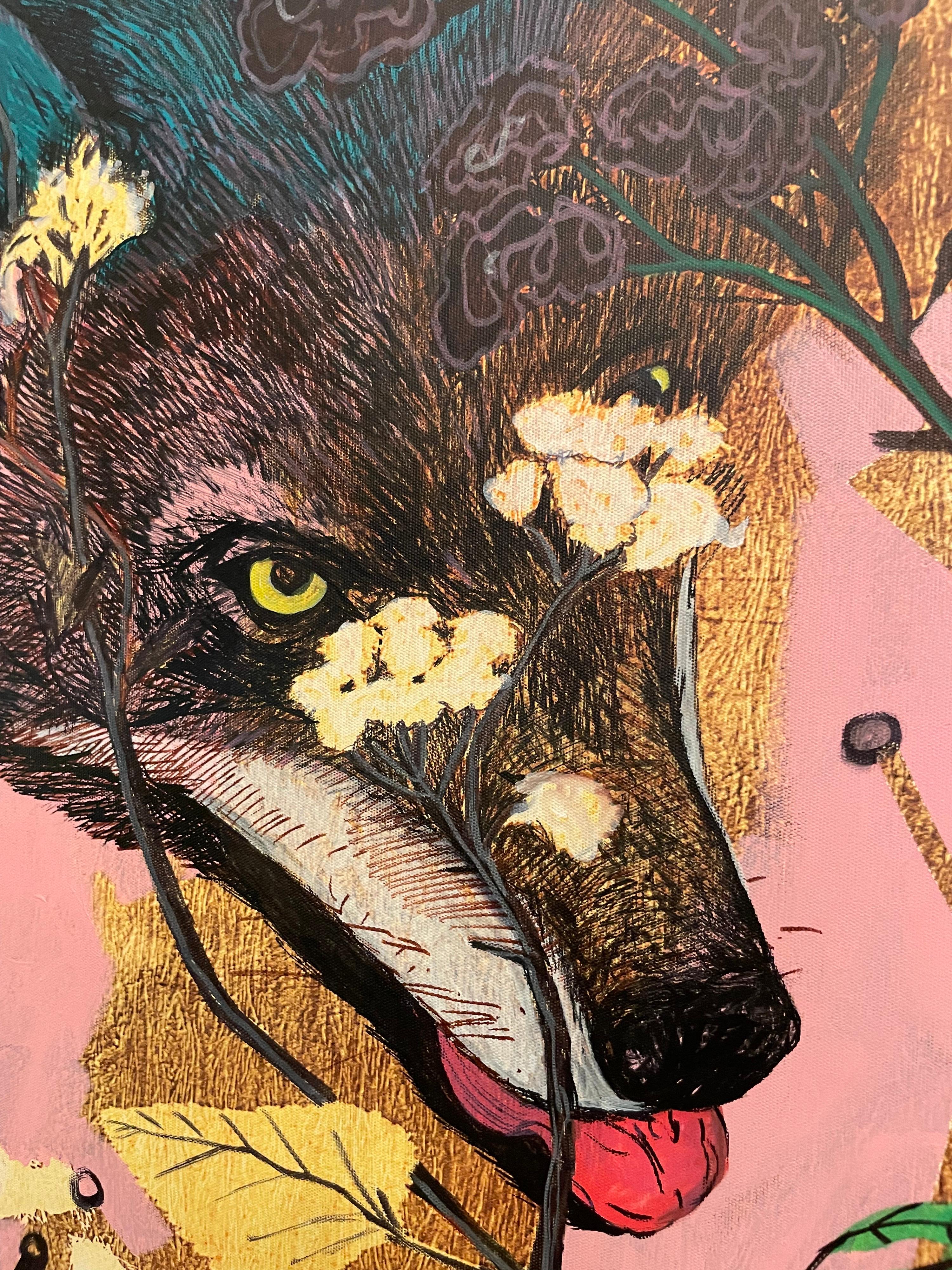This wonderfully vivid acrylic on canvas painting by Cuban artist, Noel Morera (b. Cuba 1962), depicts the Little Red Riding Hood concept on its head, focusing greatly on the wolf. The translation of his artwork is the wolf is real, little red