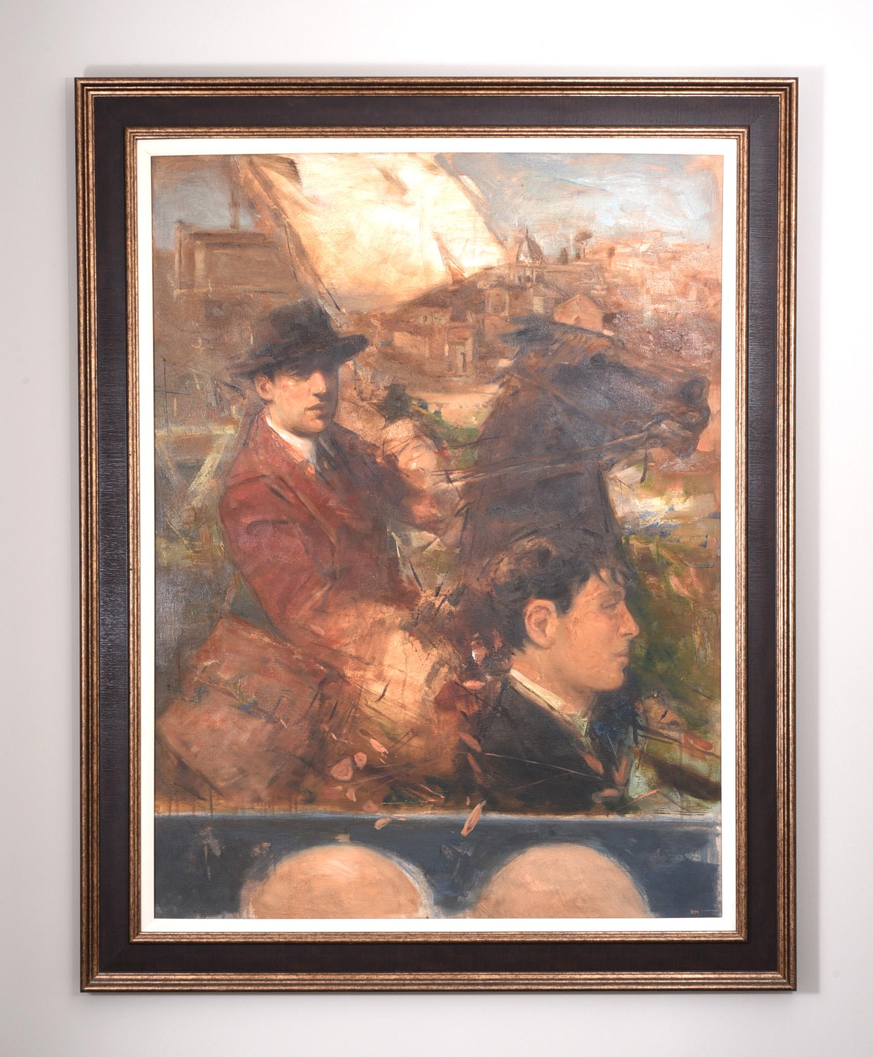 Oil on canvas
Signed in Mono
Framed
Measure: 40 x 30 inches (47 x 37 inches framed)

W.B Yeats depicted in the foreground of the picture. 

The Easter Rising also known as the Easter Rebellion, was an armed insurrection in Ireland during Easter