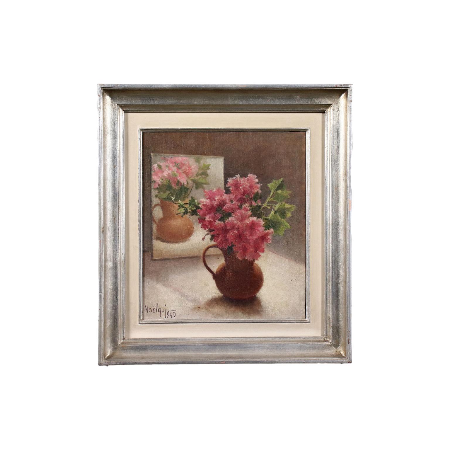 Oil painting on canvas. Signed and dated lower left. Composition of pink flowers in a vase, which is reflected in the rear mirror. Noel Quintavalle (known under the pseudonym Noelqui), a native of Ferrara but raised and artistically trained in