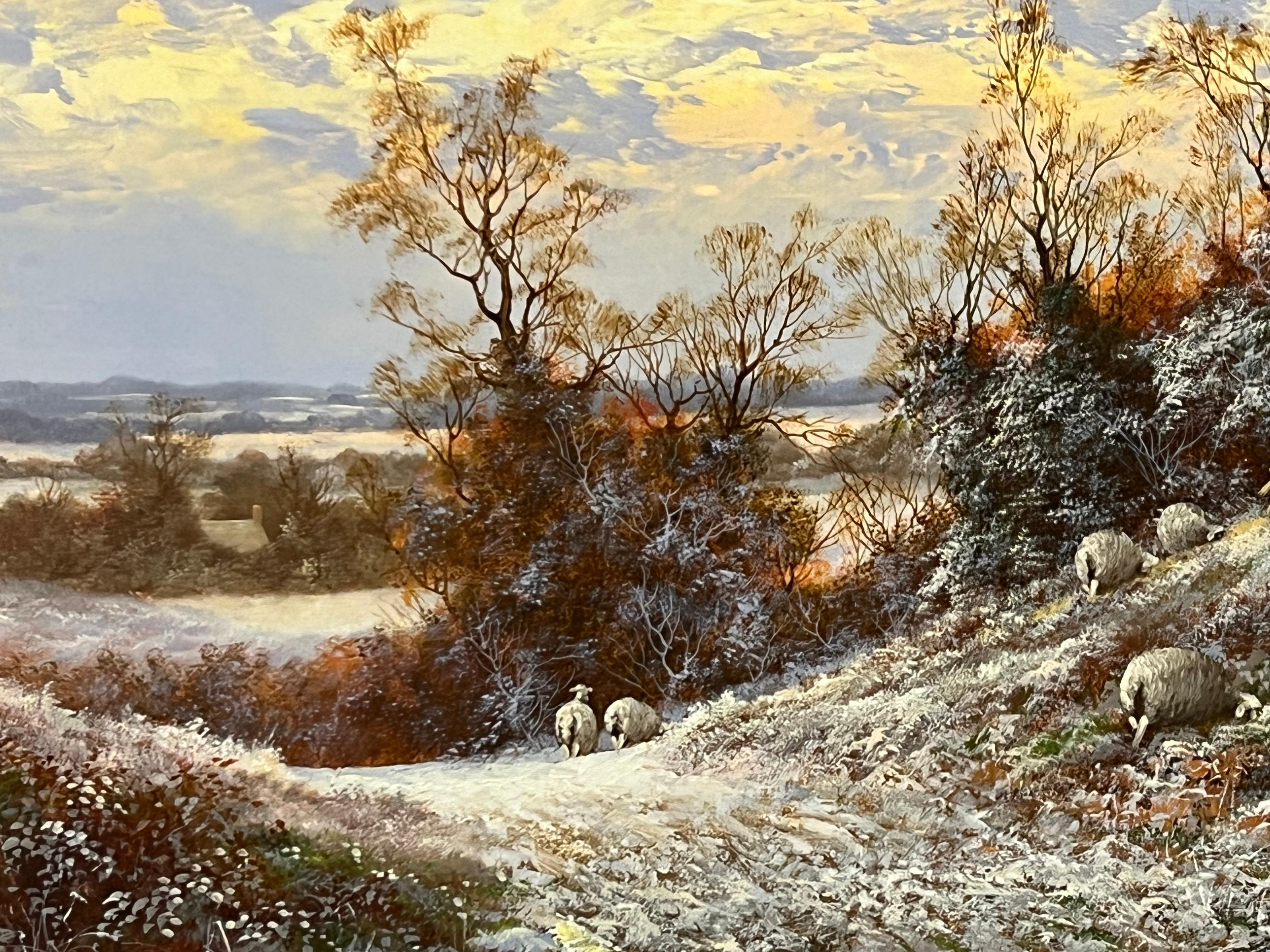 Winter Sunset with Sheep & Farmer in the English Countryside by British Artist For Sale 4