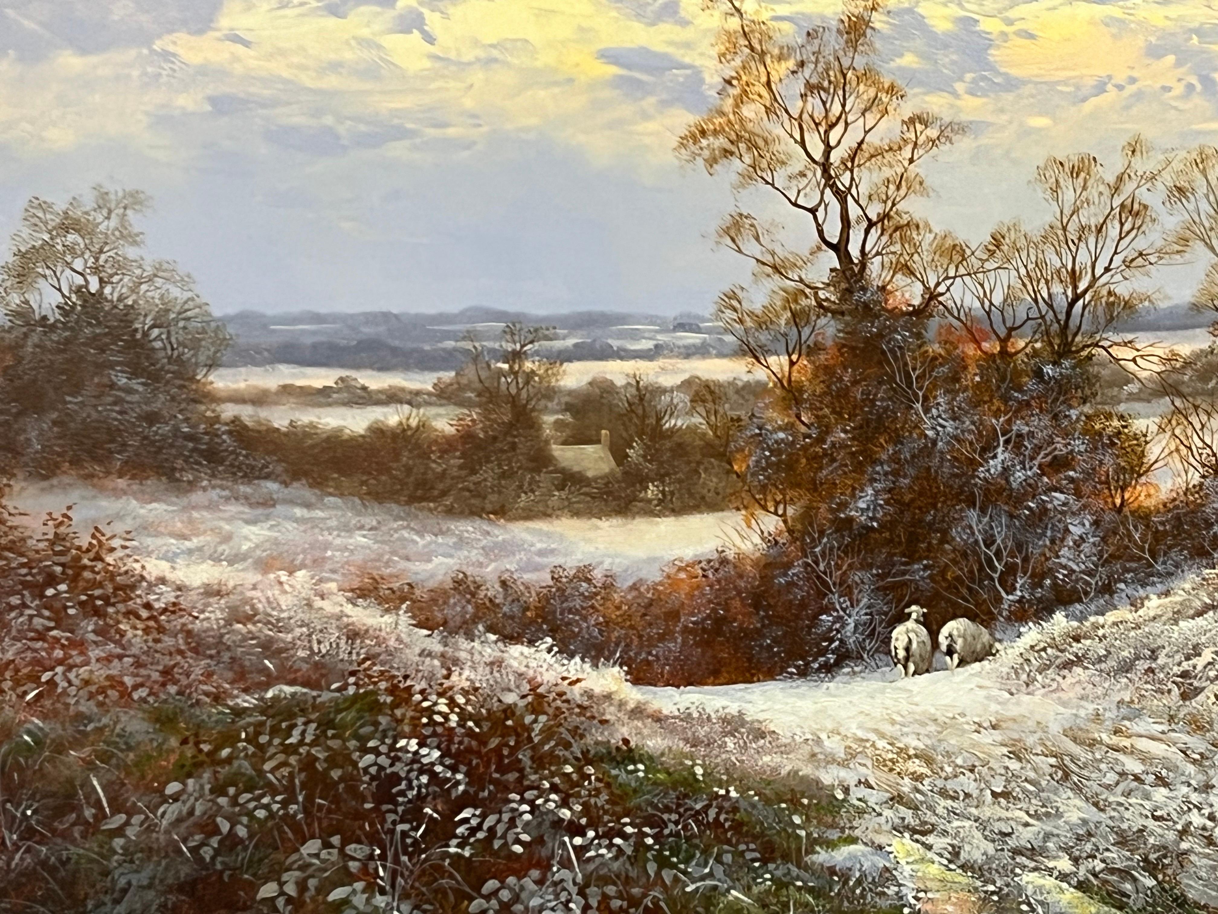 Winter-Sonnenuntergang mit Schafen und Bauern in der englischen Landschaft des britischen Künstlers im Angebot 10