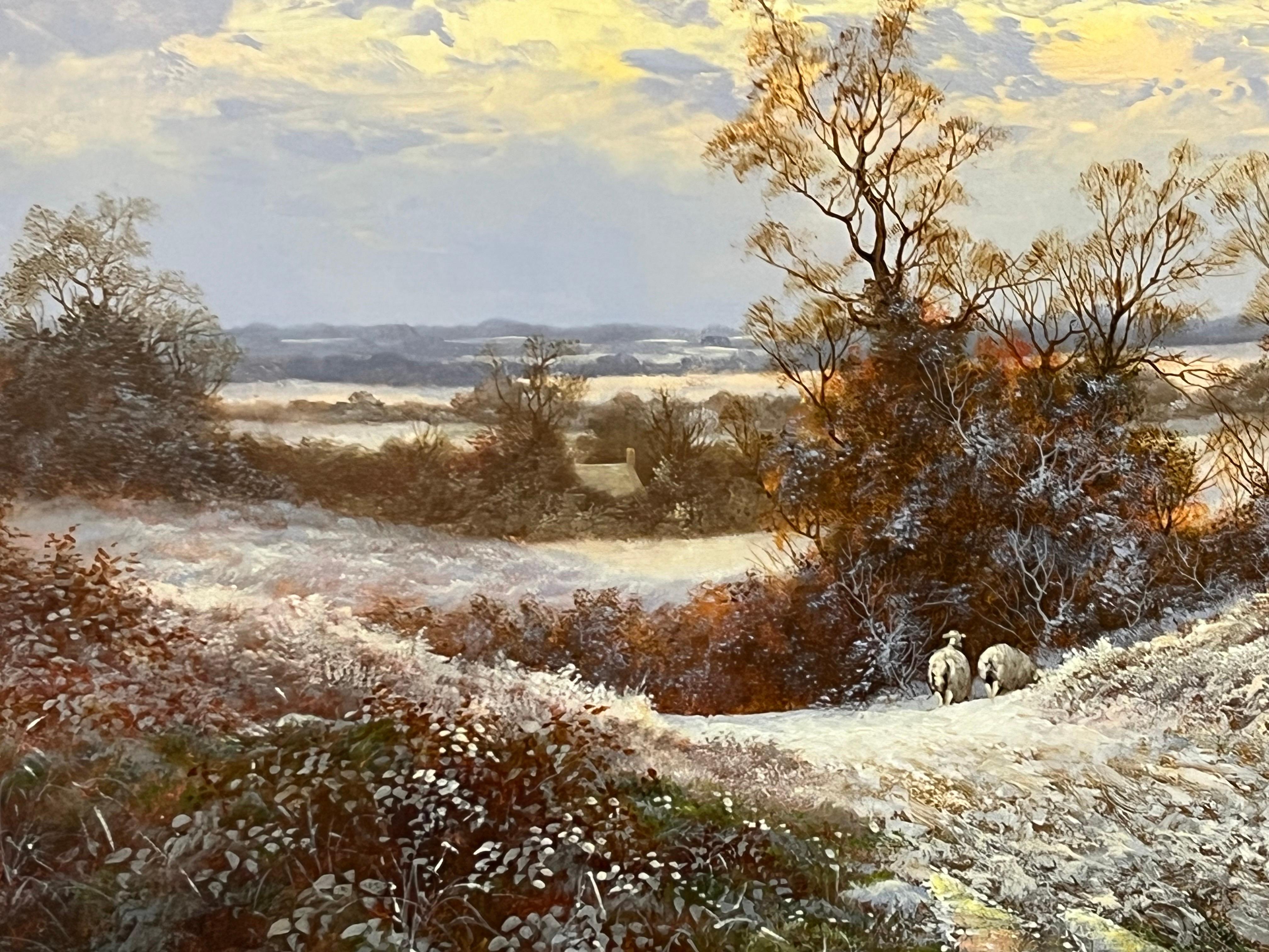 Coucher de soleil hivernal avec moutons et fermier dans la campagne anglaise par un artiste britannique en vente 9