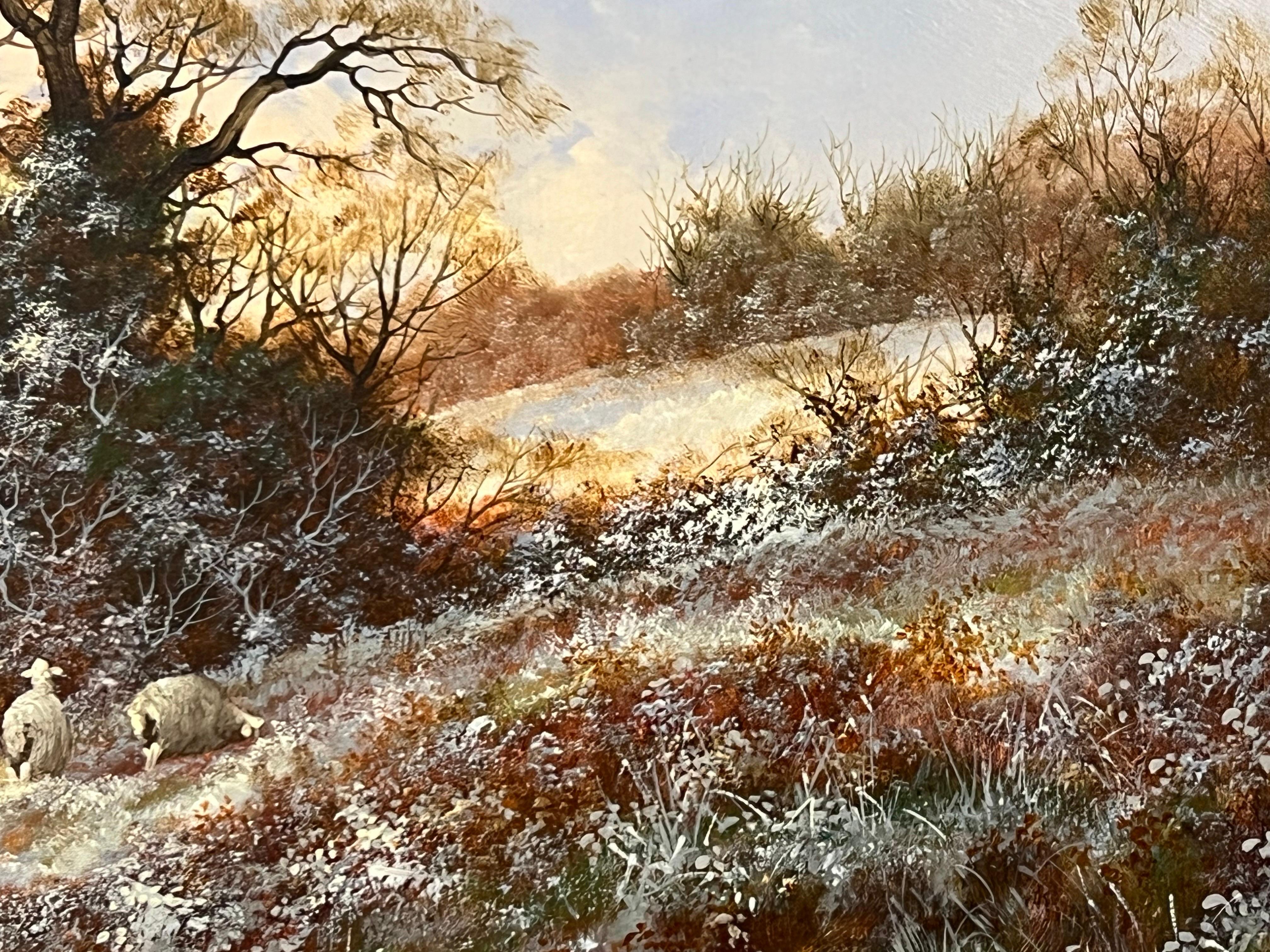 Winter-Sonnenuntergang mit Schafen und Bauern in der englischen Landschaft des britischen Künstlers im Angebot 11