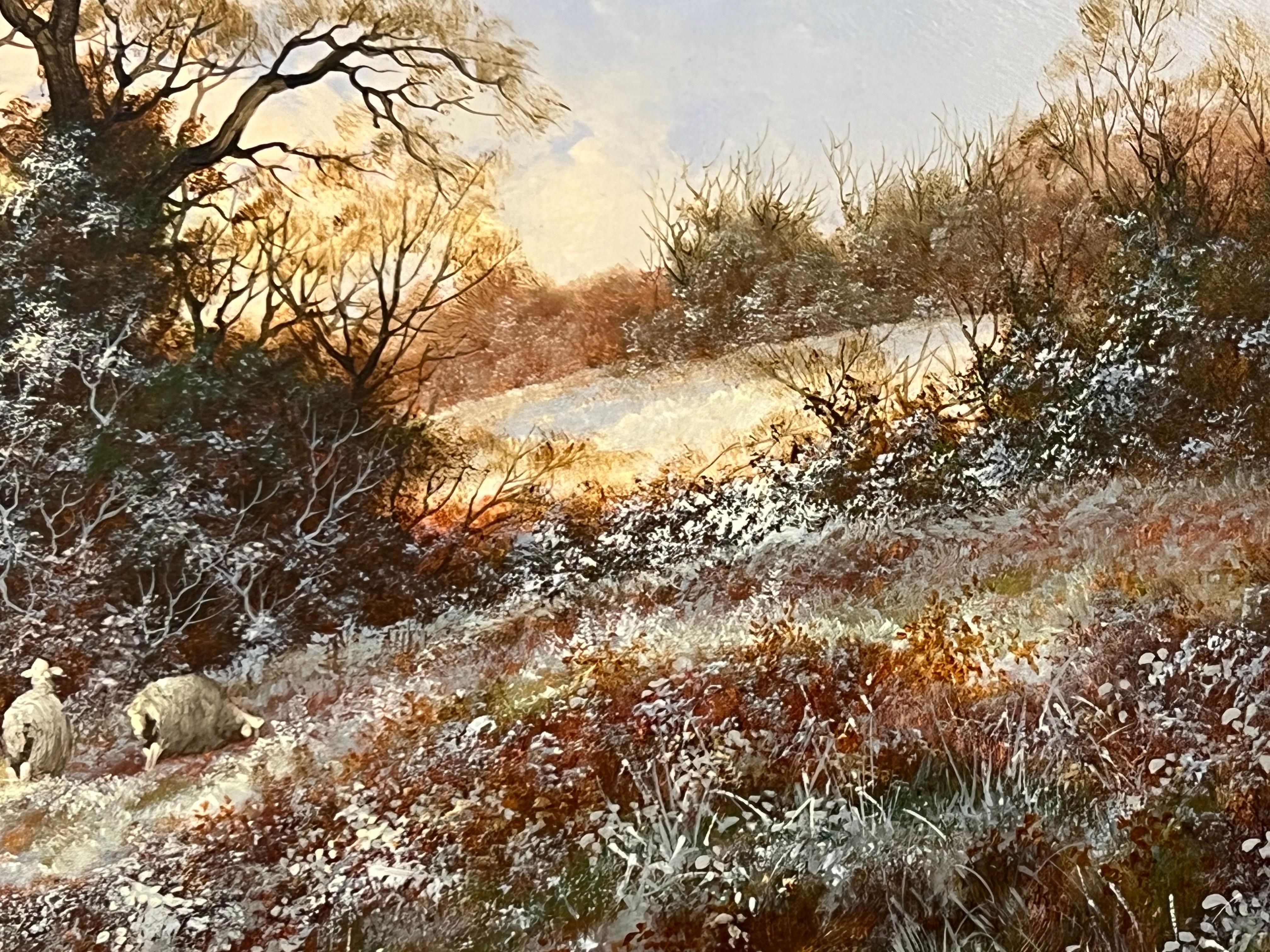 Coucher de soleil hivernal avec moutons et fermier dans la campagne anglaise par un artiste britannique en vente 10