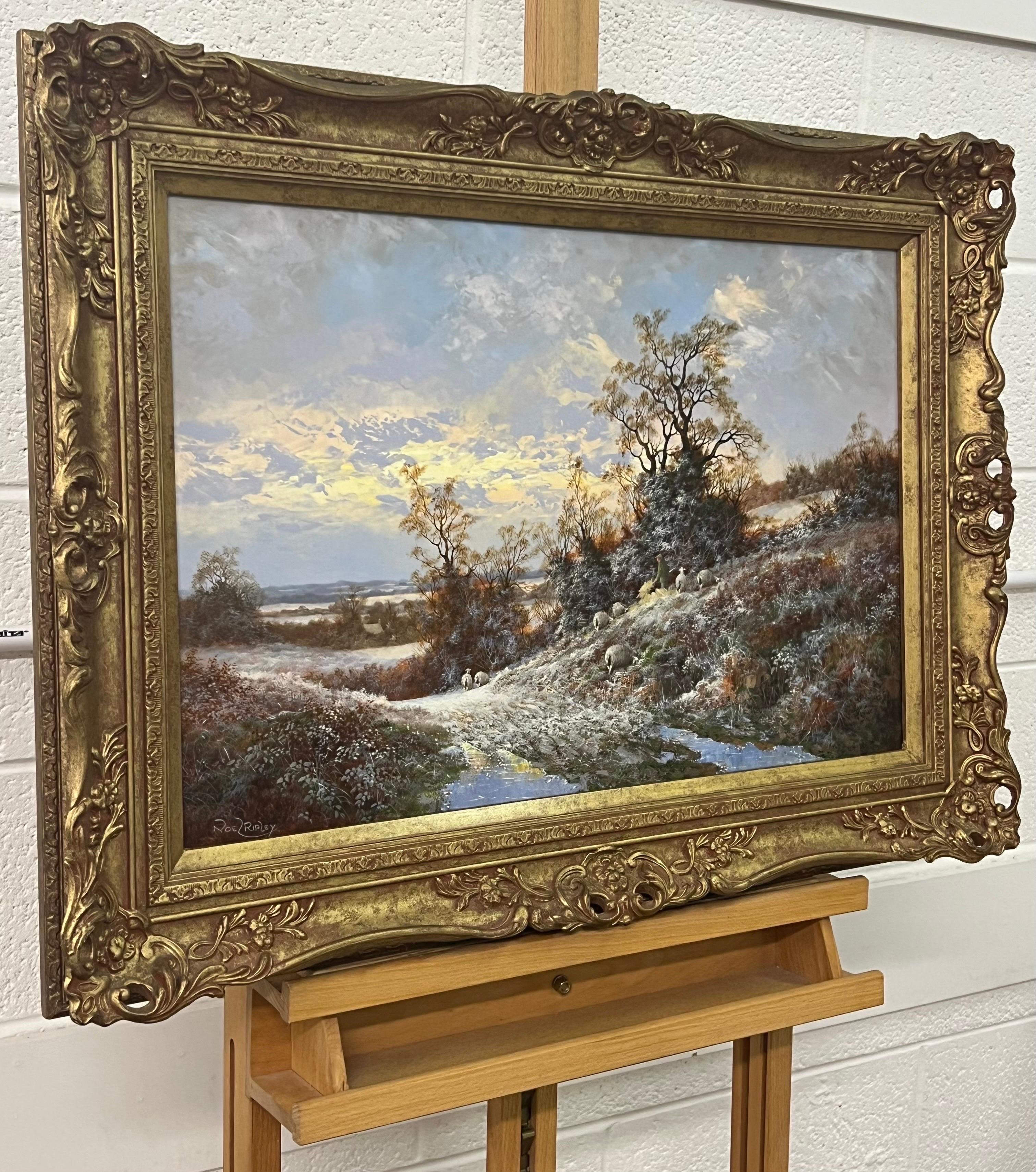 Coucher de soleil hivernal avec moutons et fermier dans la campagne anglaise par un artiste britannique - Painting de Noel Ripley