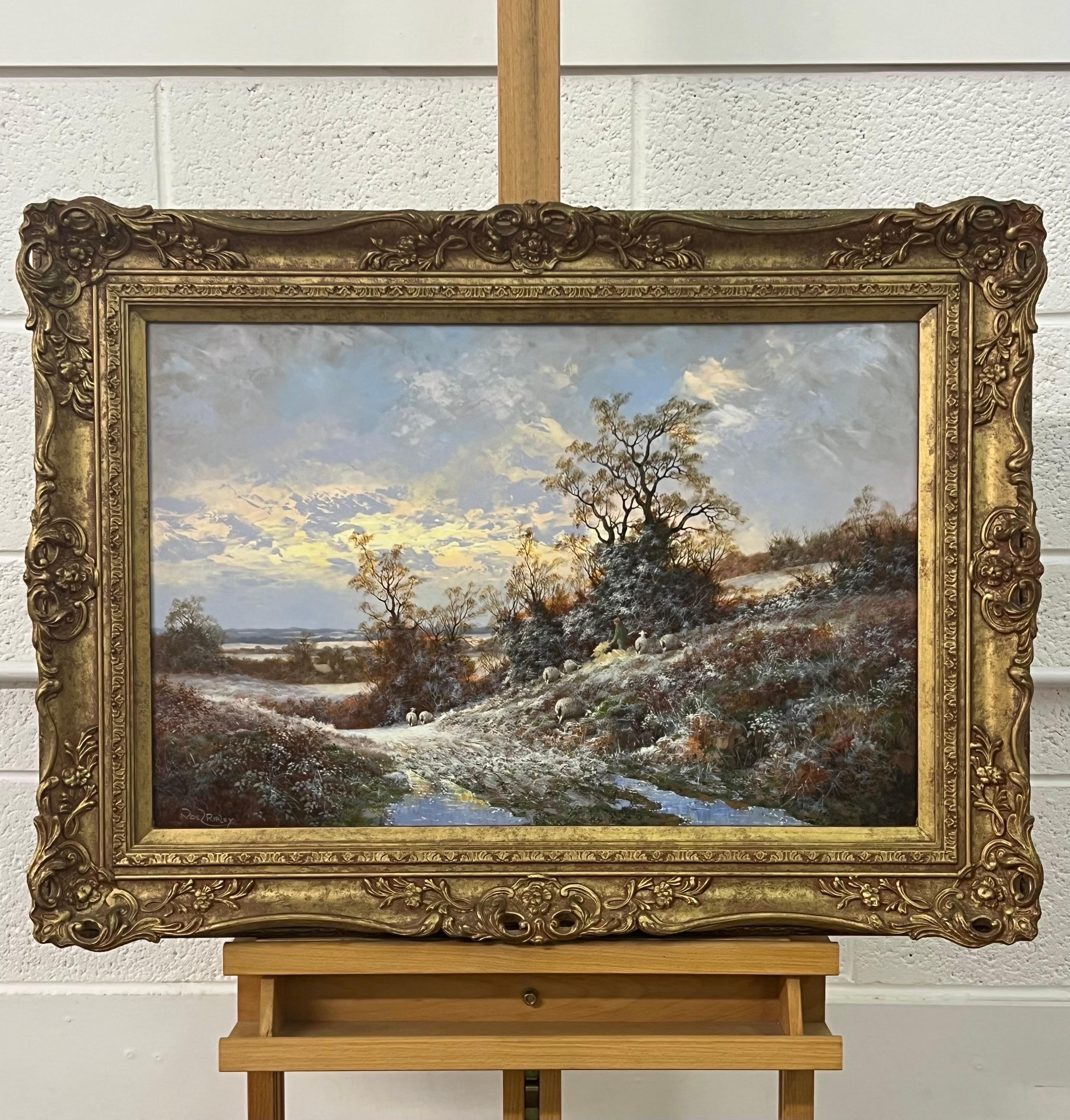 Coucher de soleil hivernal avec moutons et fermier dans la campagne anglaise par un artiste britannique - Réalisme Painting par Noel Ripley