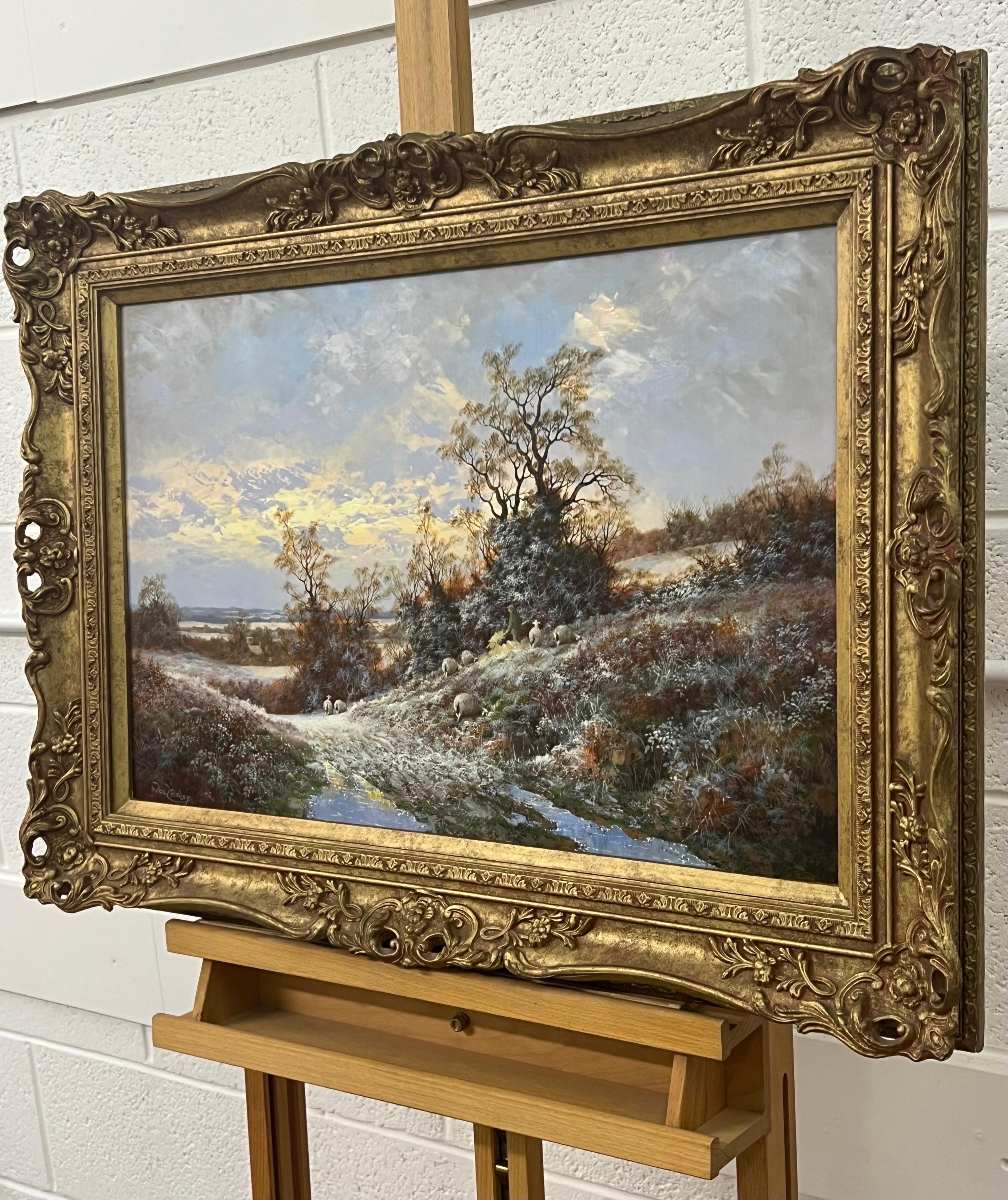 Wintersonnenuntergang mit Schafen und Bauern in der englischen Landschaft des britischen Künstlers des 20. Jahrhunderts, Noel Ripley (geb. 1944). Original, Signiert, Öl auf Karton 

Kunst misst 24 x 20 Zoll 
Rahmen misst 30 x 26 Zoll 

Ein