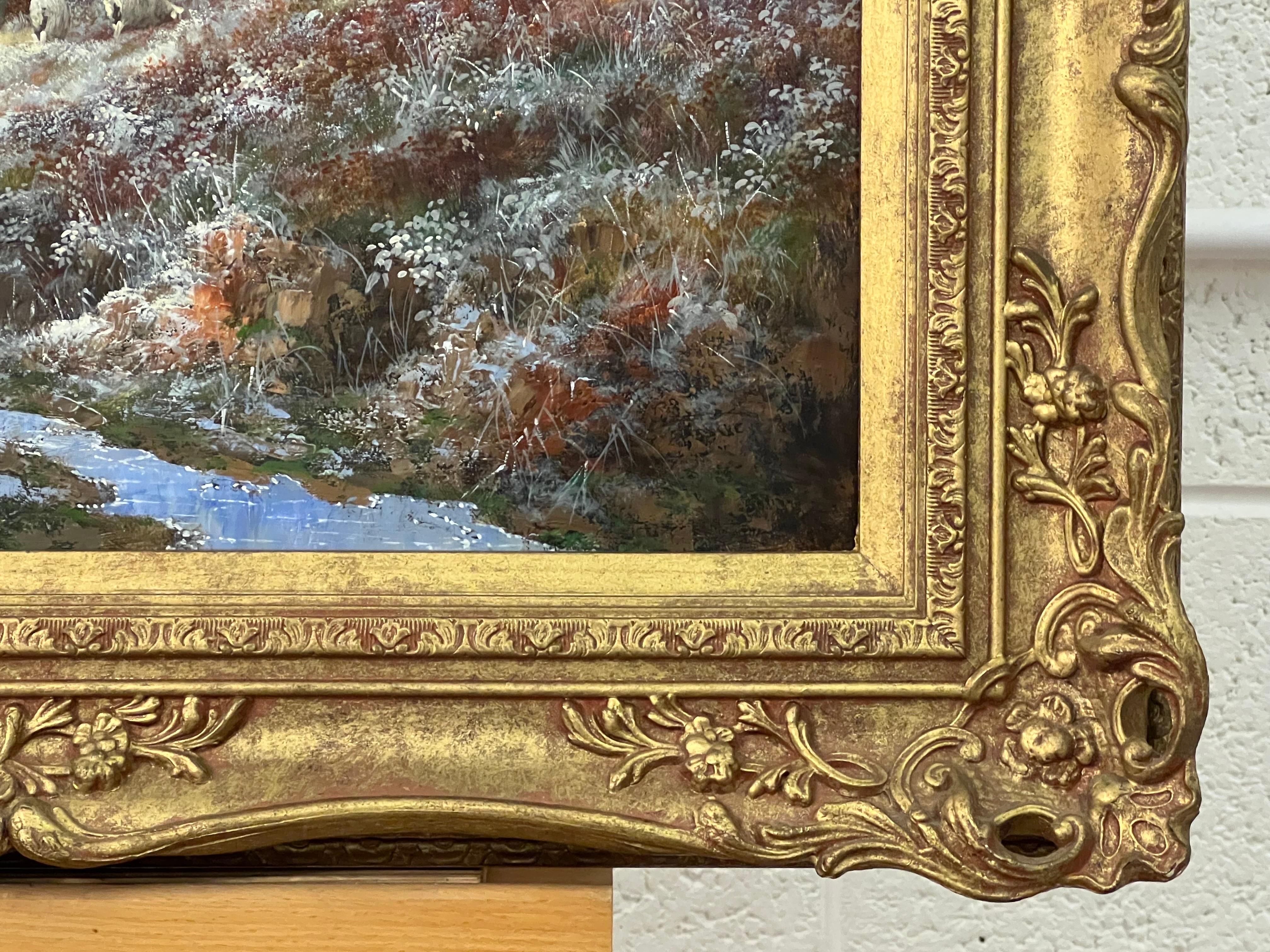 Coucher de soleil hivernal avec moutons et fermier dans la campagne anglaise par un artiste britannique en vente 4