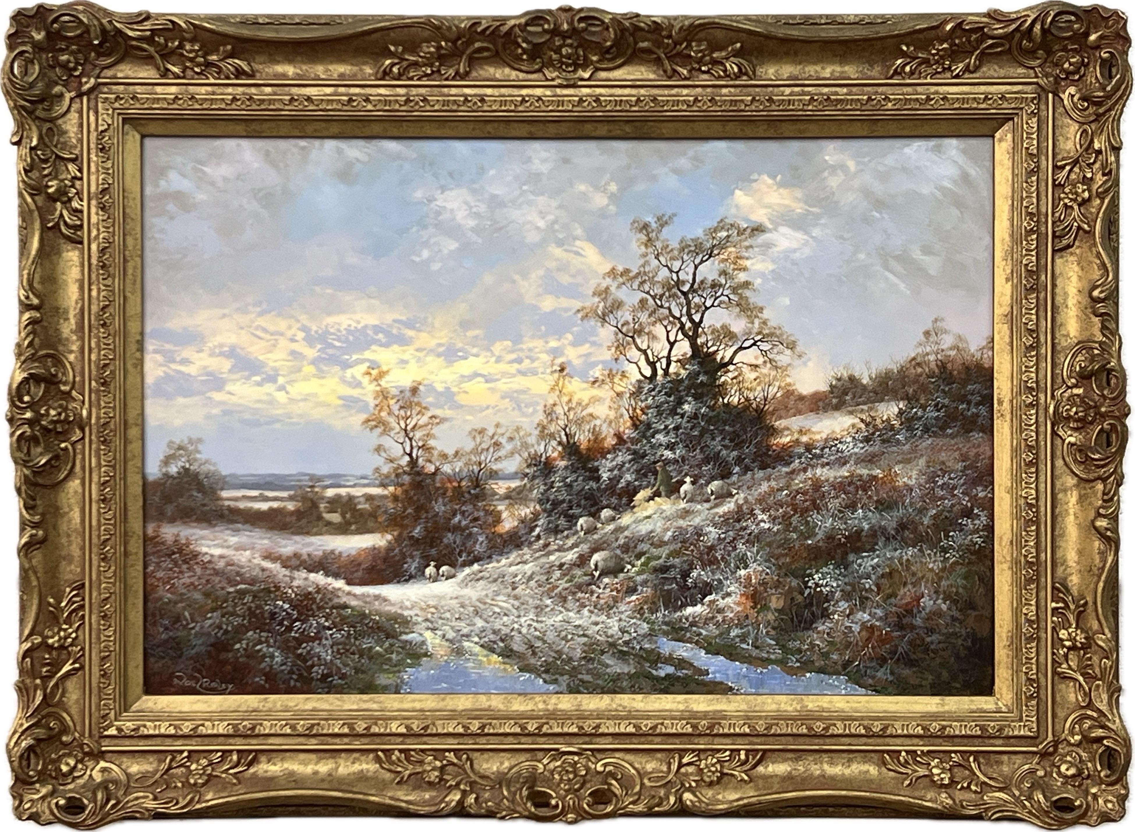 Noel Ripley Landscape Painting – Winter-Sonnenuntergang mit Schafen und Bauern in der englischen Landschaft des britischen Künstlers