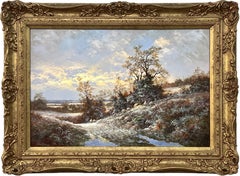 Coucher de soleil hivernal avec moutons et fermier dans la campagne anglaise par un artiste britannique