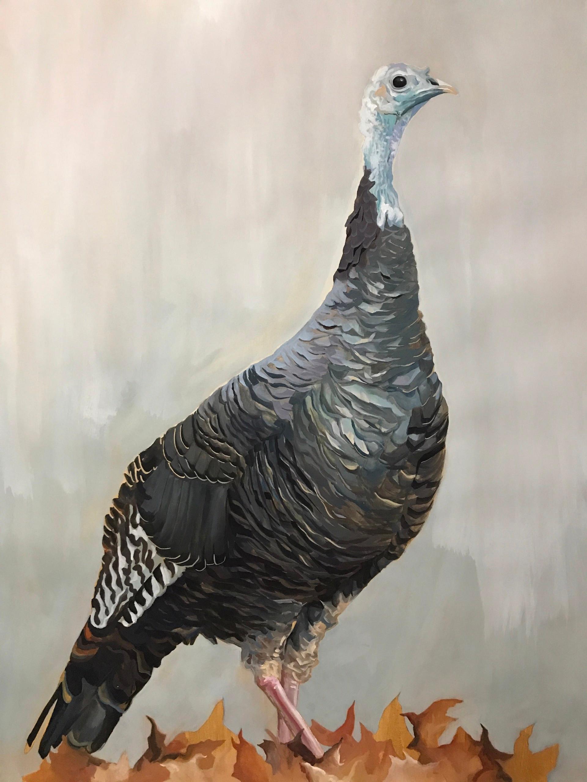 Noelle Holler Animal Painting - Lady Turkey, birds, nature, realism, gray and orange