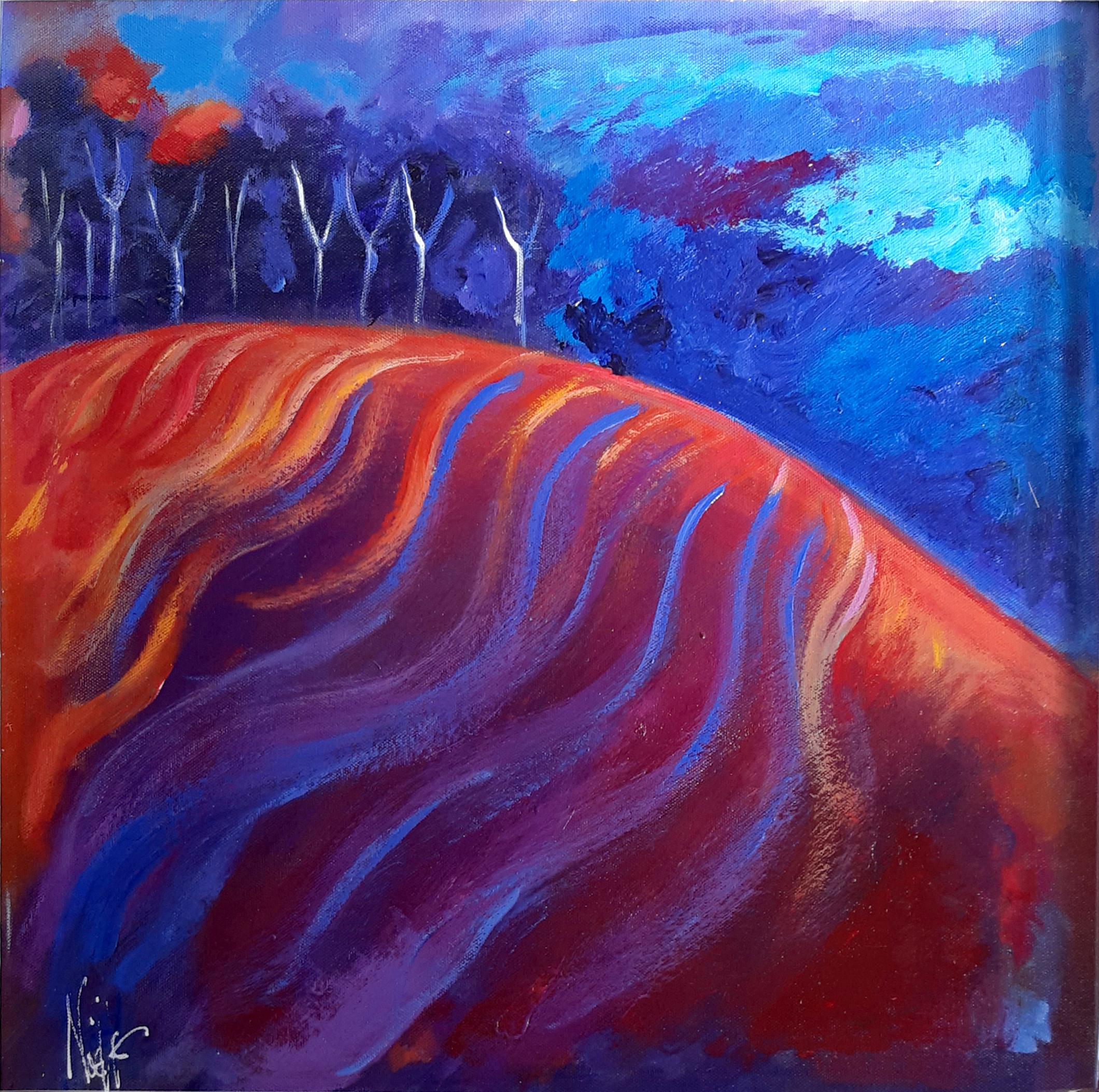 In this acrylic painting by Northern Irish Artist Noelle McAlinden, the artist features a bright red, orange and gold striped foreground field contrasted with a deep purple sky with wish-bone trees.  This  semi-abstract landscape with its dramatic