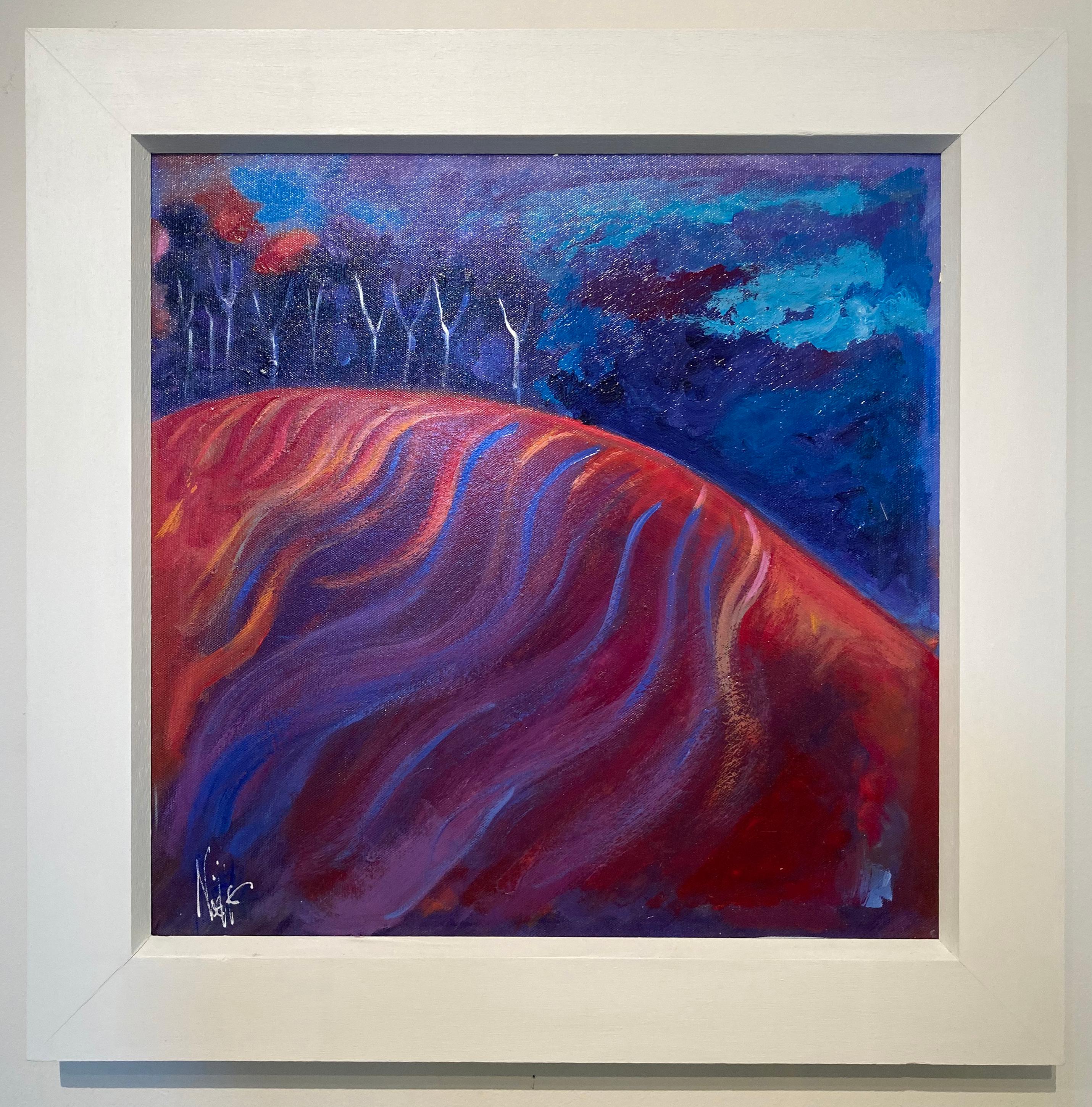 In questo dipinto ad acrilico dell'artista nordirlandese Noelle McAlinden, l'artista presenta un campo in primo piano a strisce rosse, arancioni e dorate, contrastato da un cielo viola intenso con alberi a forma di osso dei desideri.  Questo  Il