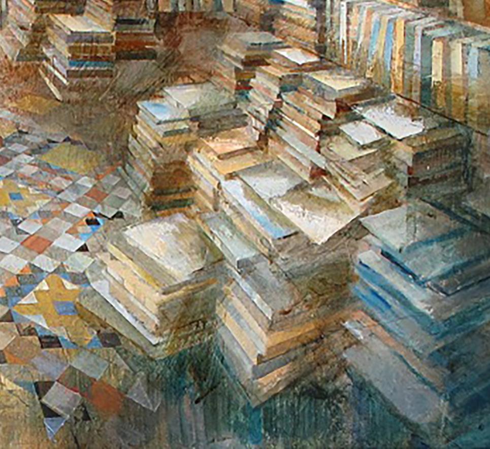 Espai Literari XIII - 21. Jahrhundert, Zeitgenössisch, figürlich, Ölfarbe, Modernismus (Grau), Interior Painting, von Noemi Martín