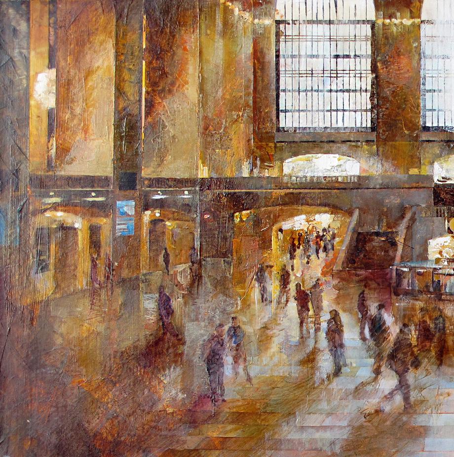 Gran Central Station II - 21st Century, Contemporary, Figurative Oil Painting - Brown Figurative Painting by Noemi Martín