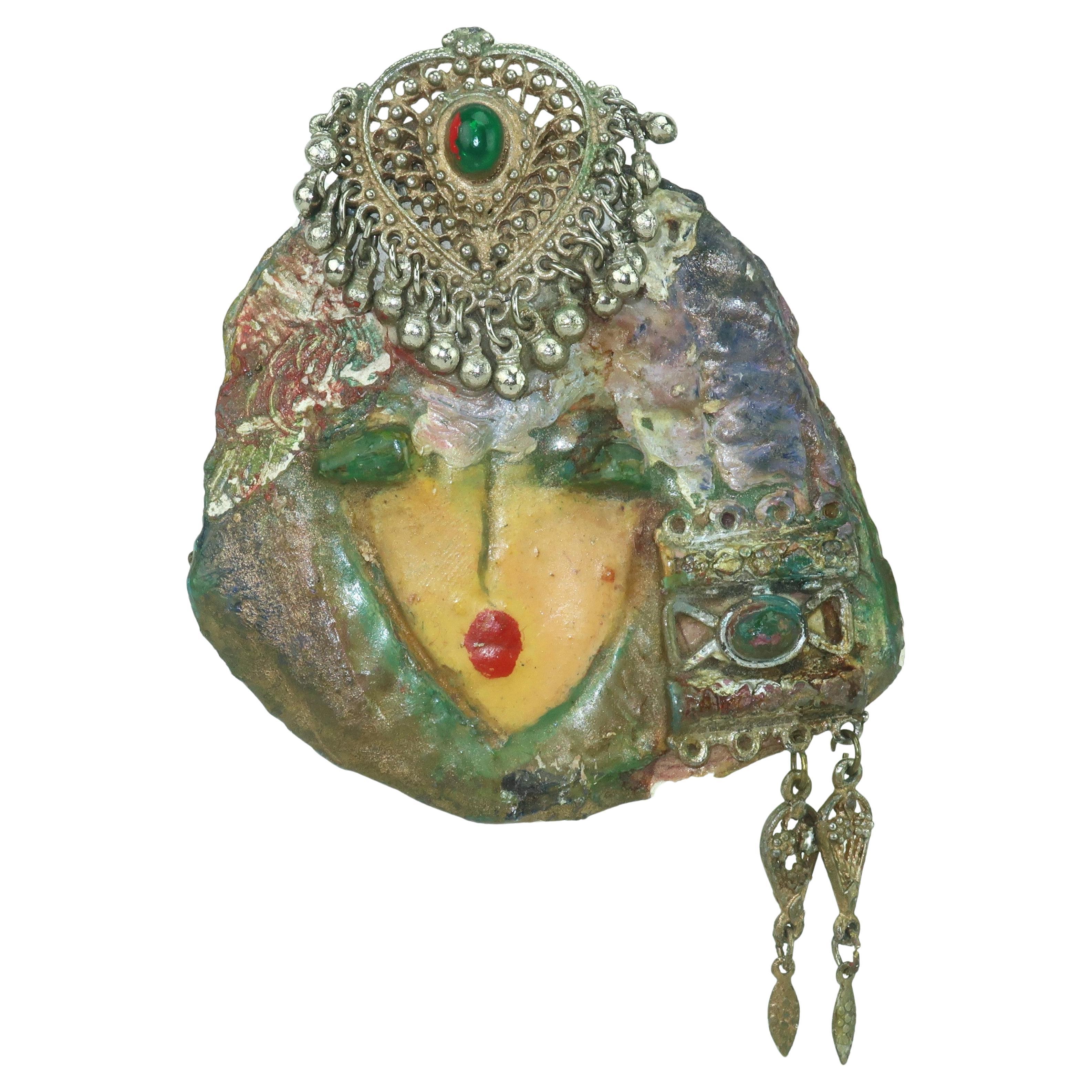 NOEMI SAREL Ceramic Mixed Media Lady In Green Brooch