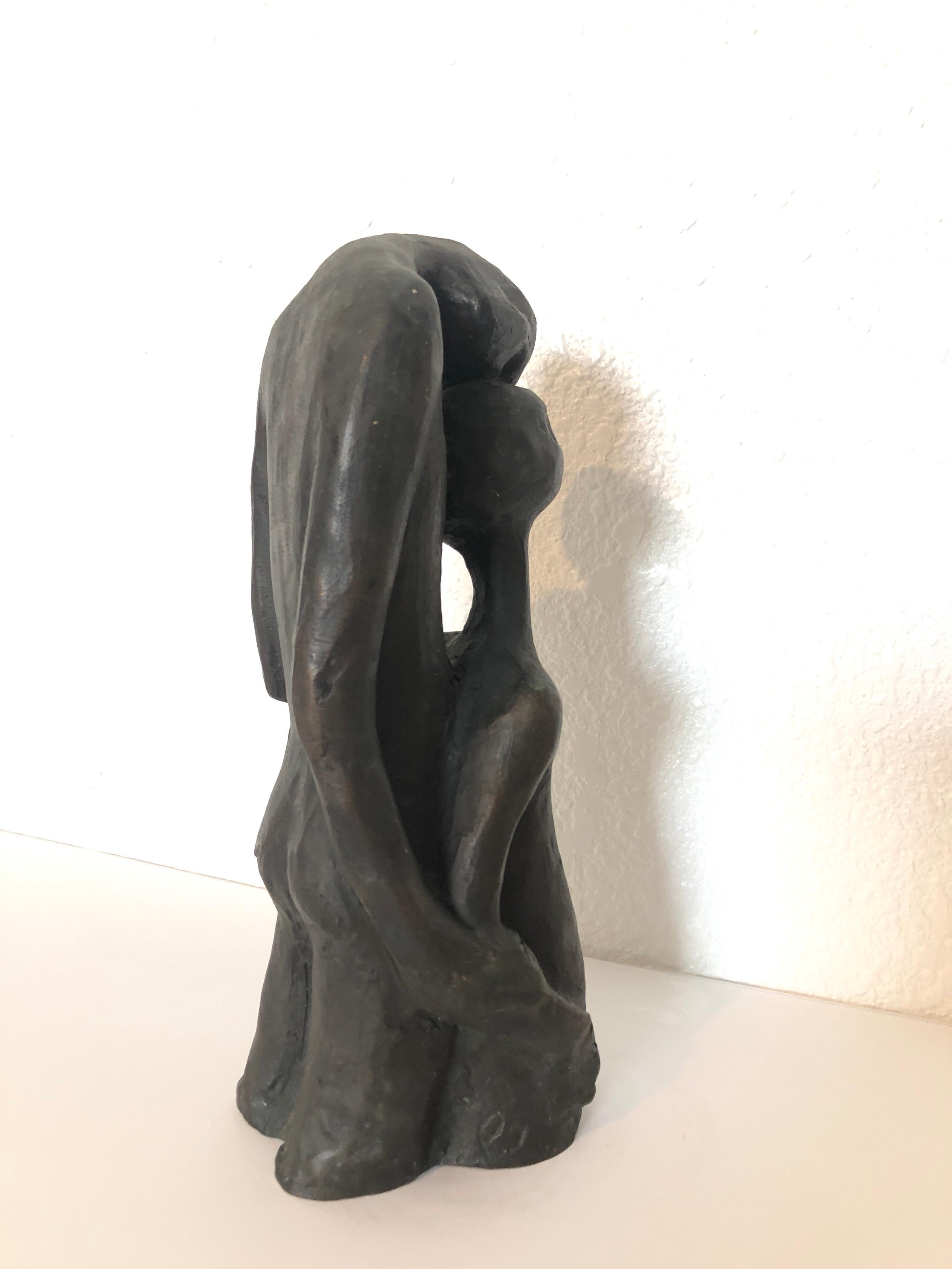 Israeli Bronze Modernist Sculpture Lovers Embracing Kibbutz Social Realist Art - Gold Figurative Sculpture by Noemi Schindler