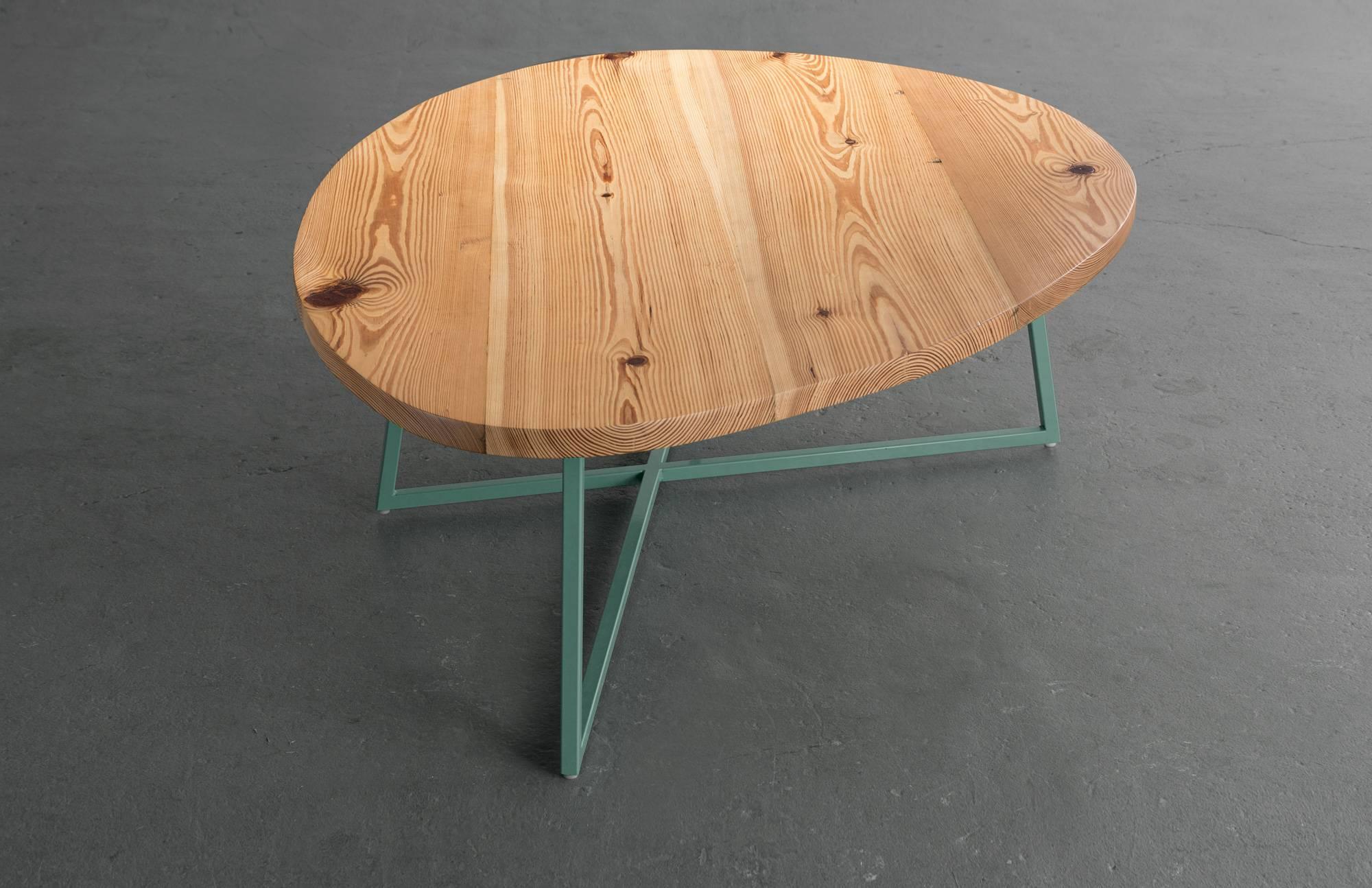 Organic Modern Noguchoff Coffee Table, Green Powder Coated Steel, Reclaimed Heart Pine