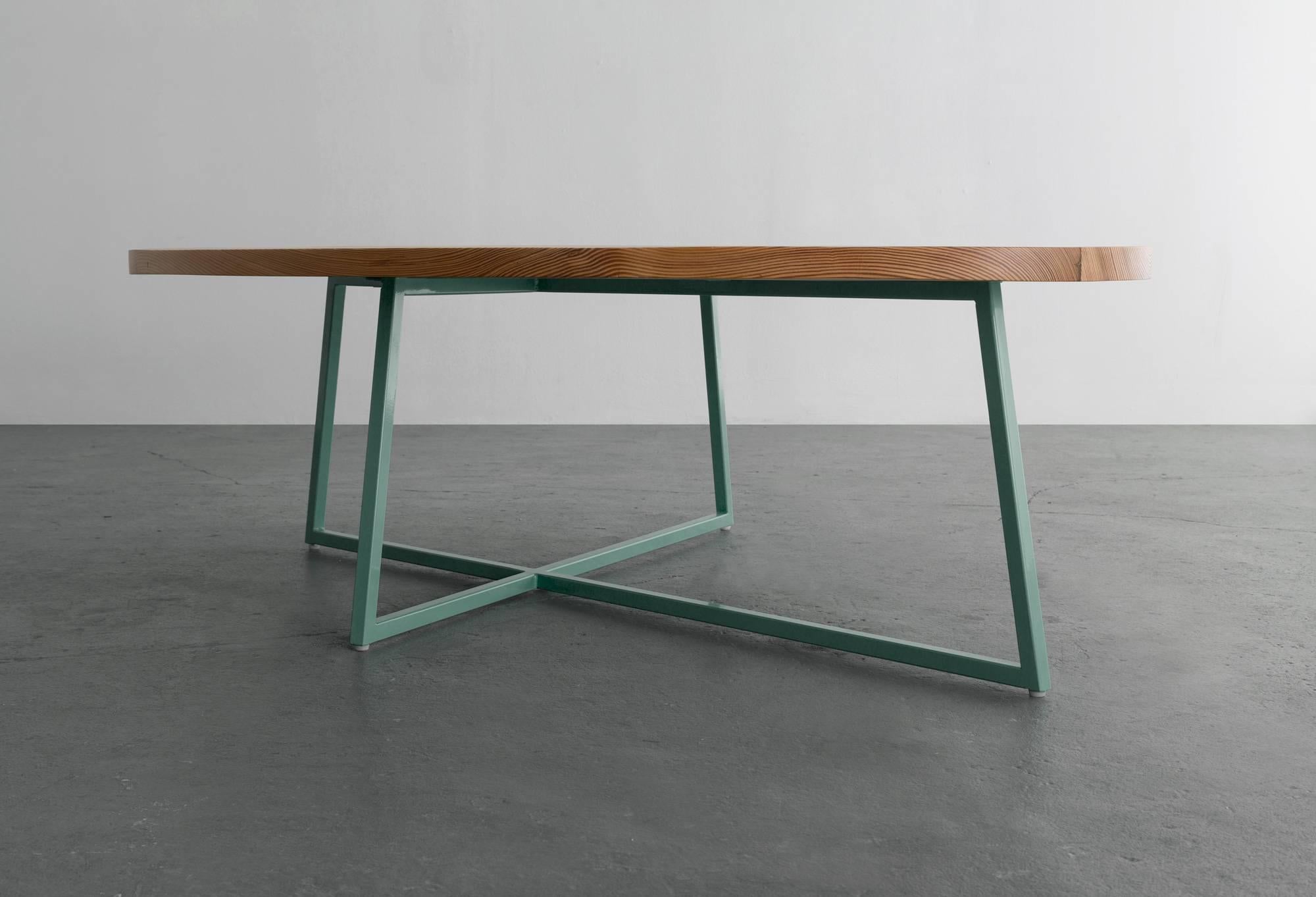 American Noguchoff Coffee Table, Green Powder Coated Steel, Reclaimed Heart Pine