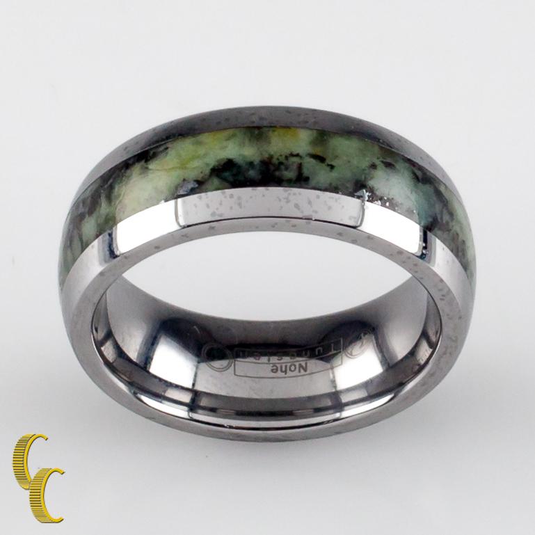 Modern Nohe Tungsten Carbide Band Ring with Green Marble Stripe, Size 8.25 For Sale