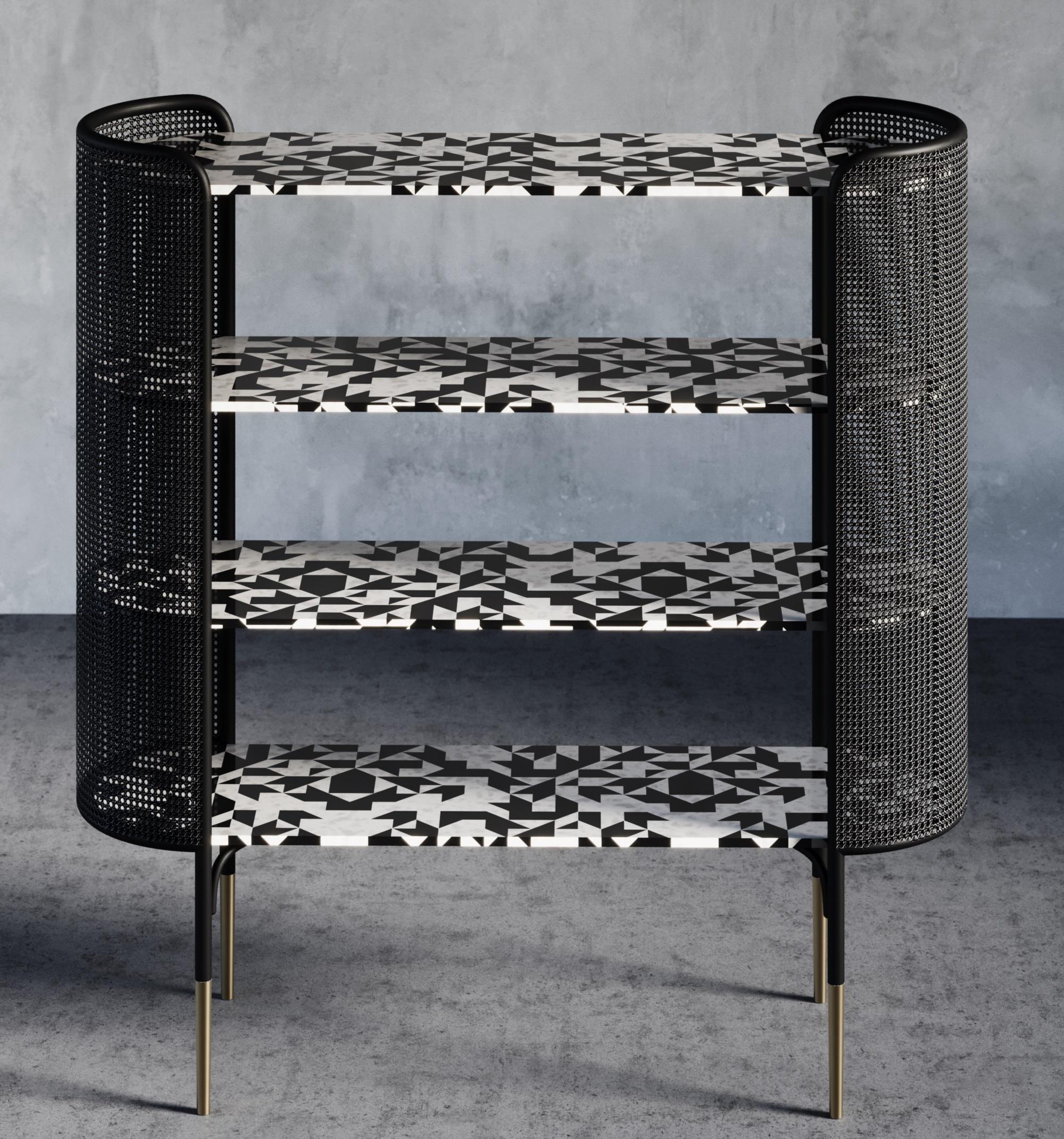 Art Deco Noir Bone Inlay Bookcase with Wicker Accent For Sale