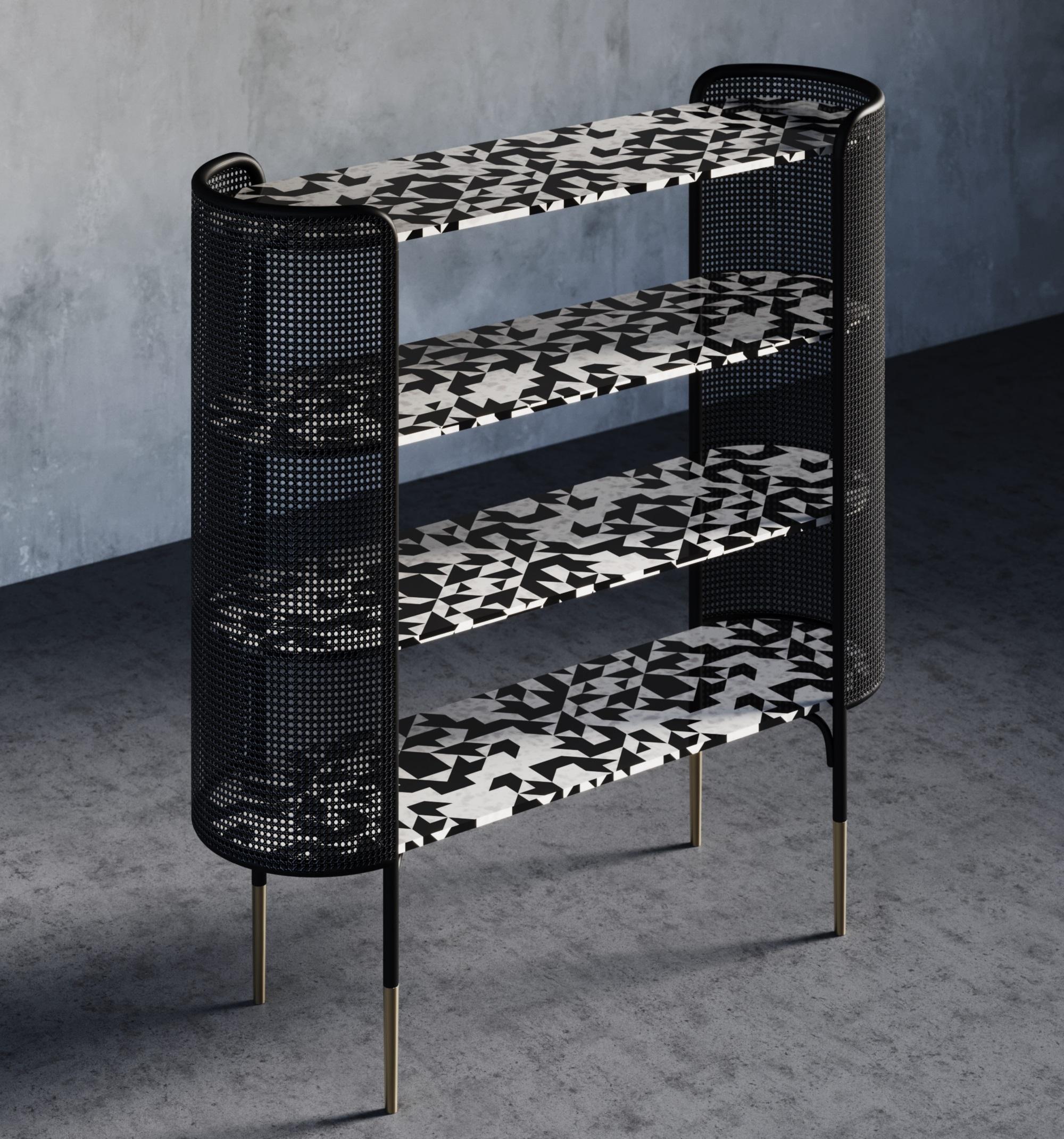 Indian Noir Bone Inlay Bookcase with Wicker Accent For Sale