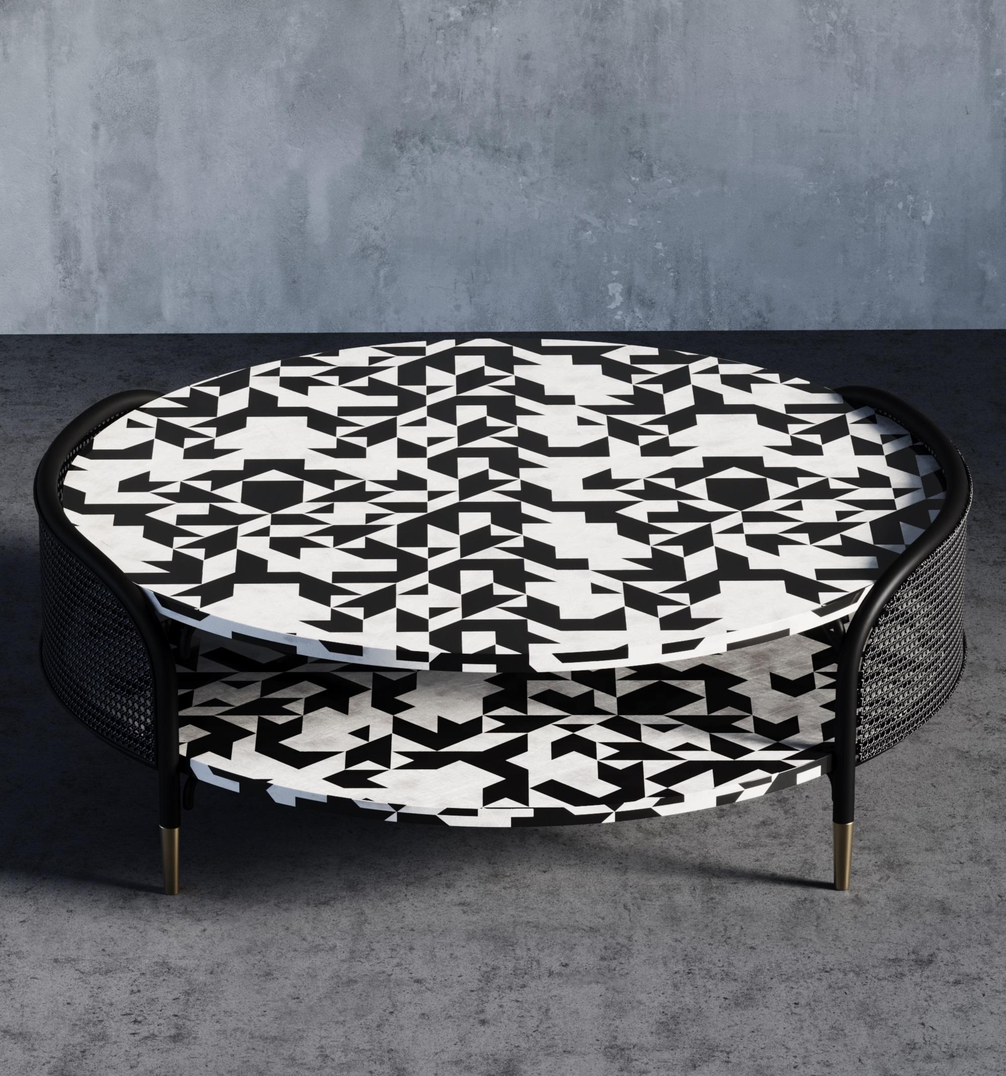 Indian Noir Bone Inlay Large Center Table with Wicker Accent For Sale