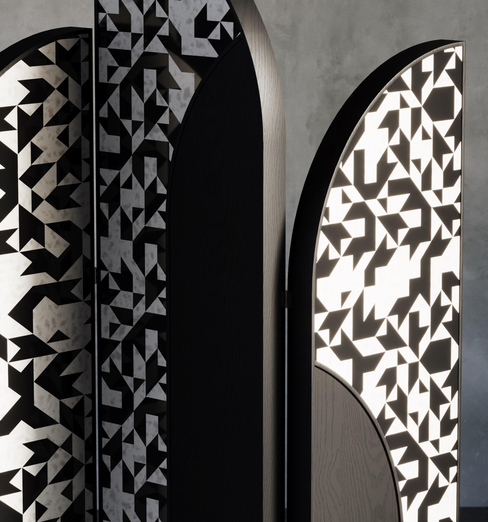 Featuring intricately patterned inlaid bone and resin Screen. The Noir collection creates a striking vision of geometric beauty. Our Bone Inlay collection is crafted in India by highly skilled craftsmen using traditional techniques that have been