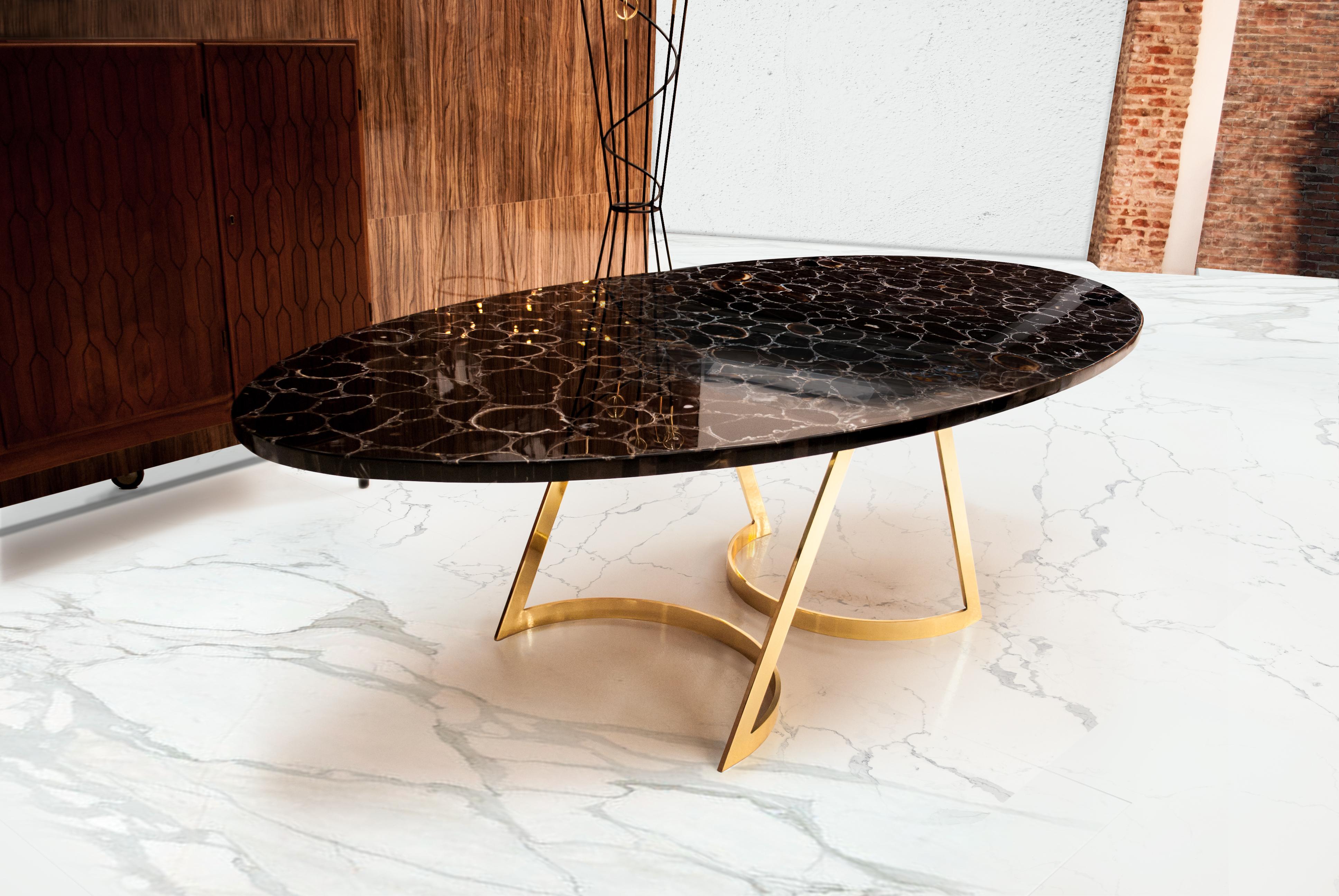Spanish 'Noir Désir' Black Agate Gemstone Dining Table / Executive Desk with Brass Legs For Sale