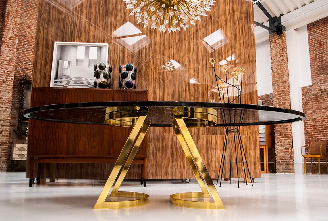 Polished 'Noir Désir' Black Agate Gemstone Dining Table / Executive Desk with Brass Legs For Sale