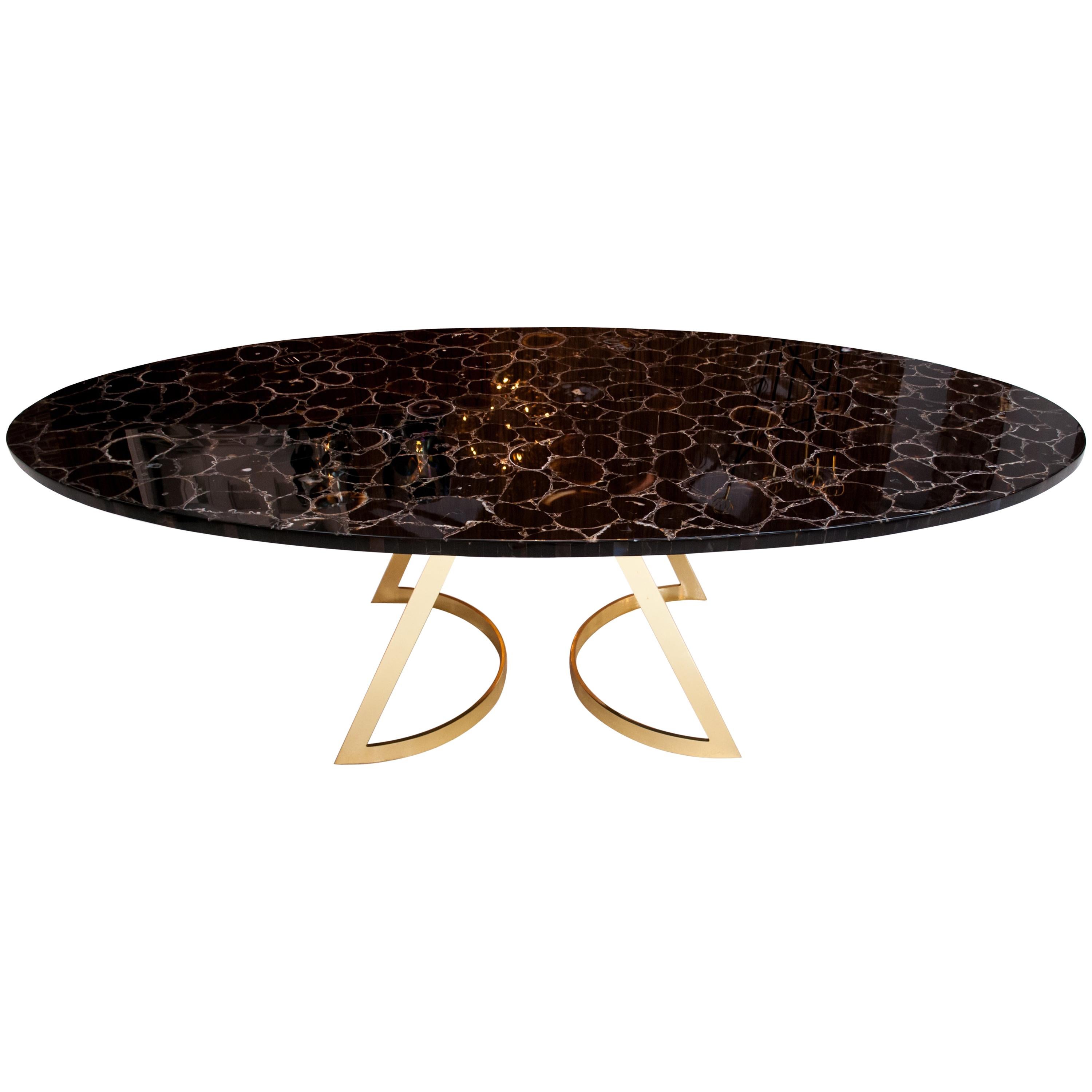 'Noir Désir' Black Agate Gemstone Dining Table / Executive Desk with Brass Legs For Sale