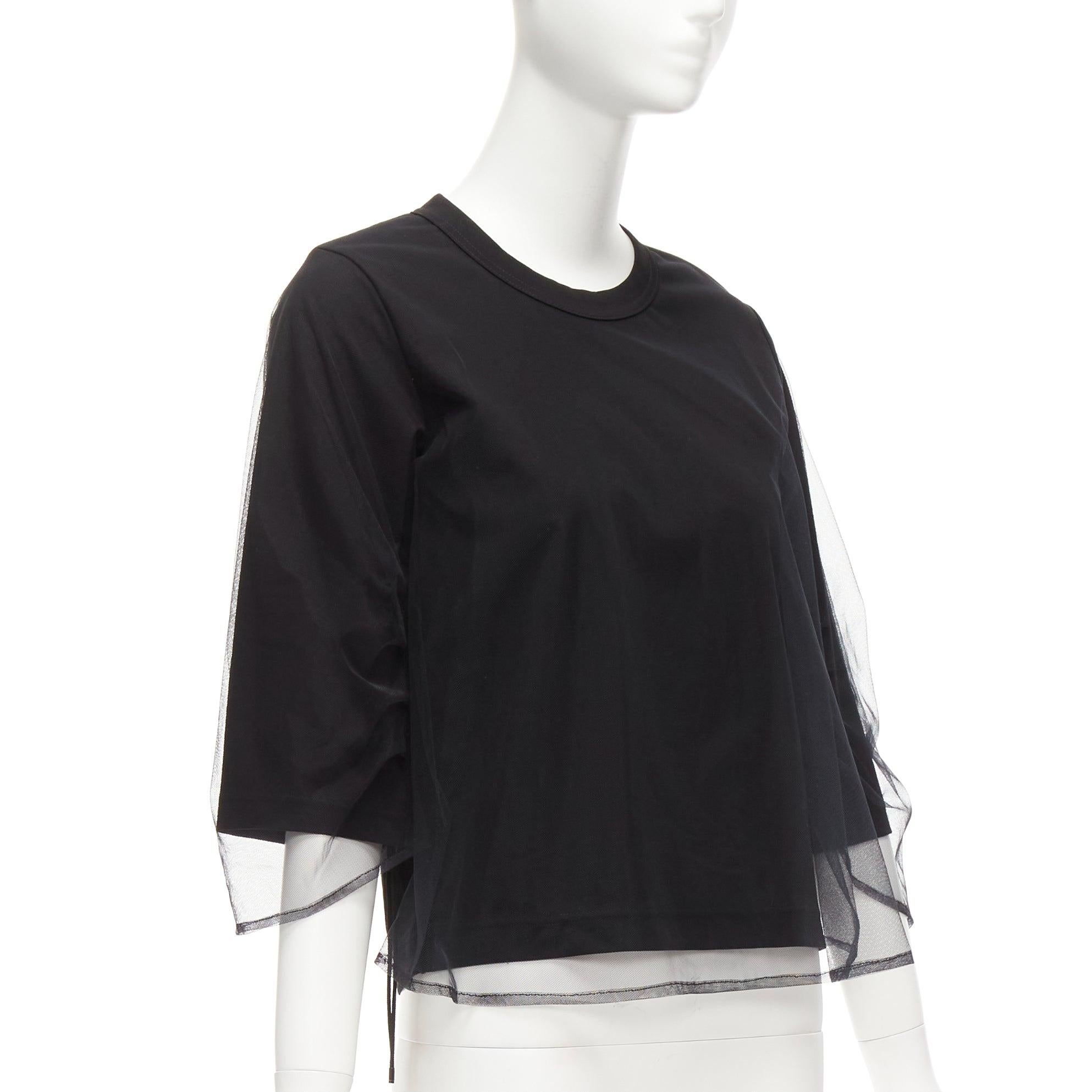 NOIR KEI NINOMIYA 2018 black cotton sheer tulle overlay ruched sleeves tshirt XS In Excellent Condition For Sale In Hong Kong, NT