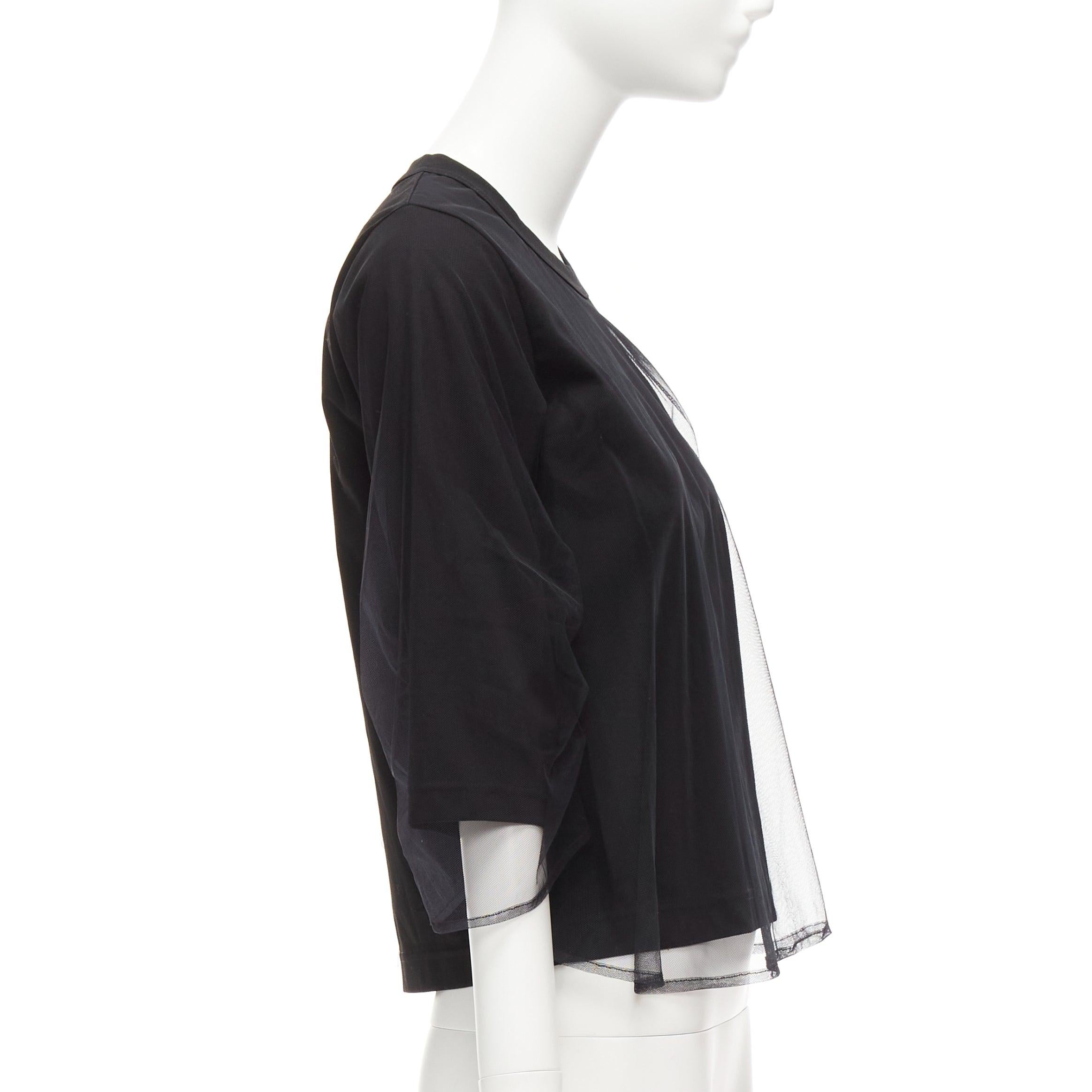 Women's NOIR KEI NINOMIYA 2018 black cotton sheer tulle overlay ruched sleeves tshirt XS For Sale