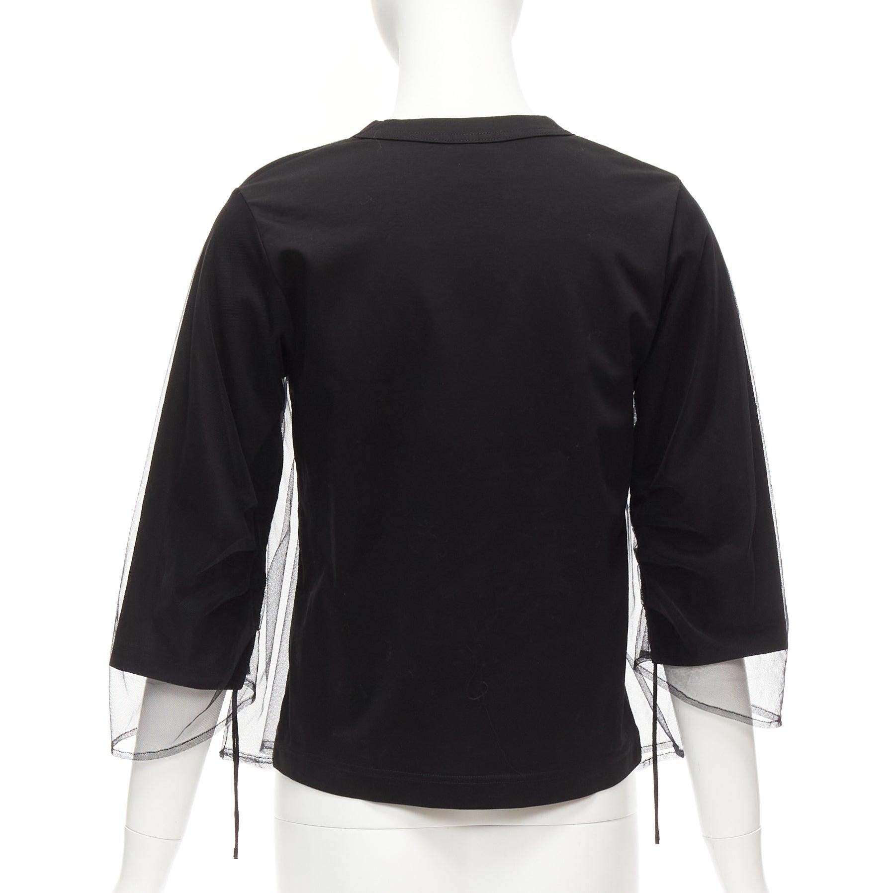 NOIR KEI NINOMIYA 2018 black cotton sheer tulle overlay ruched sleeves tshirt XS For Sale 1